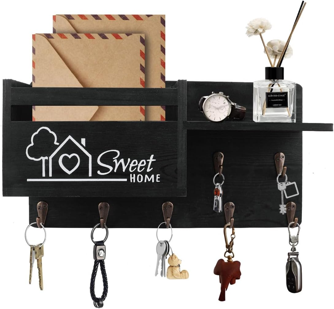 Gocokia Key Hanger Organizer, Mail and Key Holder for Wall Decorative, Wall Shelf with 7 Key Hooks, Wall Mounted Key Hangers with Mailbox, Home Decor (Brown)