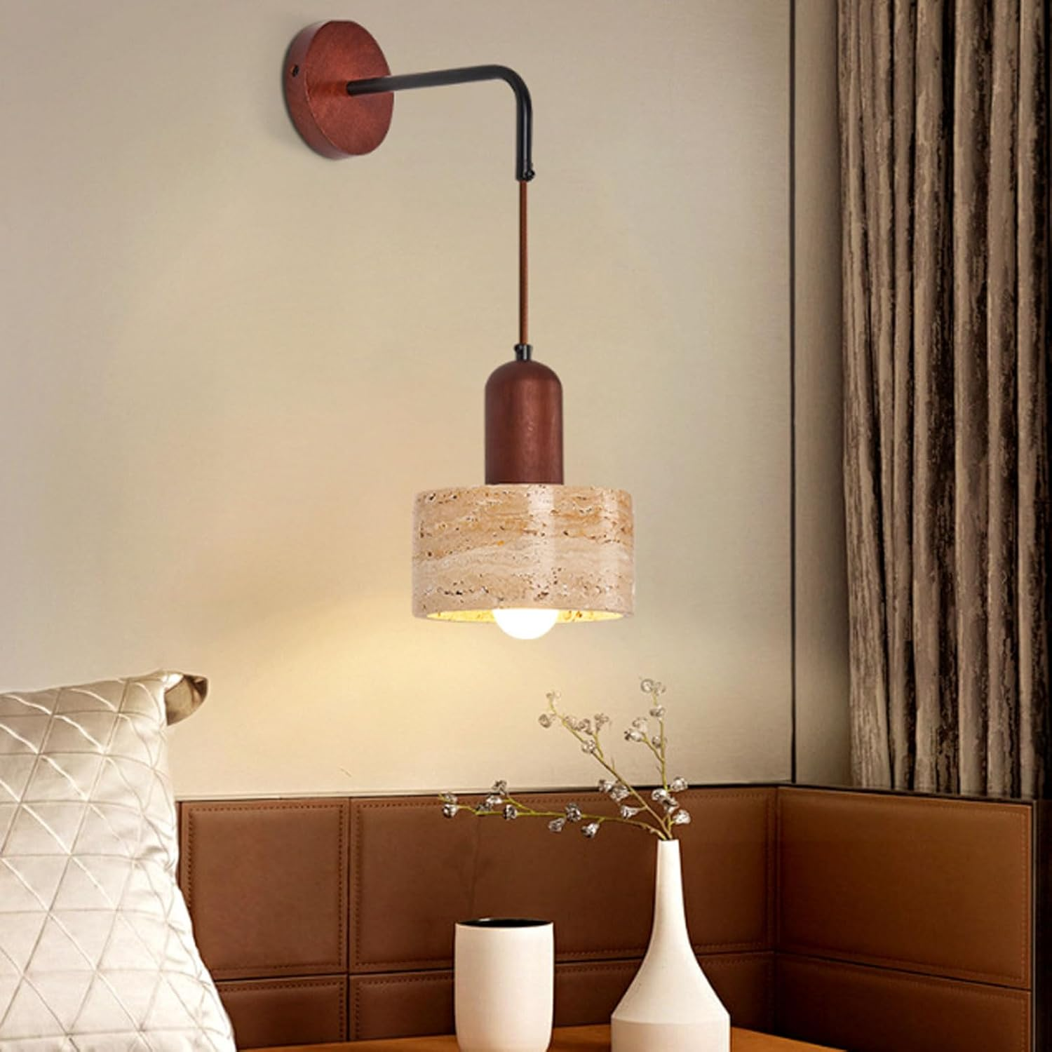 Wall Mounted Lamp Stone Lampshade Wall Lamp Adjustable Cord Height Bedside Wall Lamp E26 Travertine Wall Sconce Wall Lighting image number 2