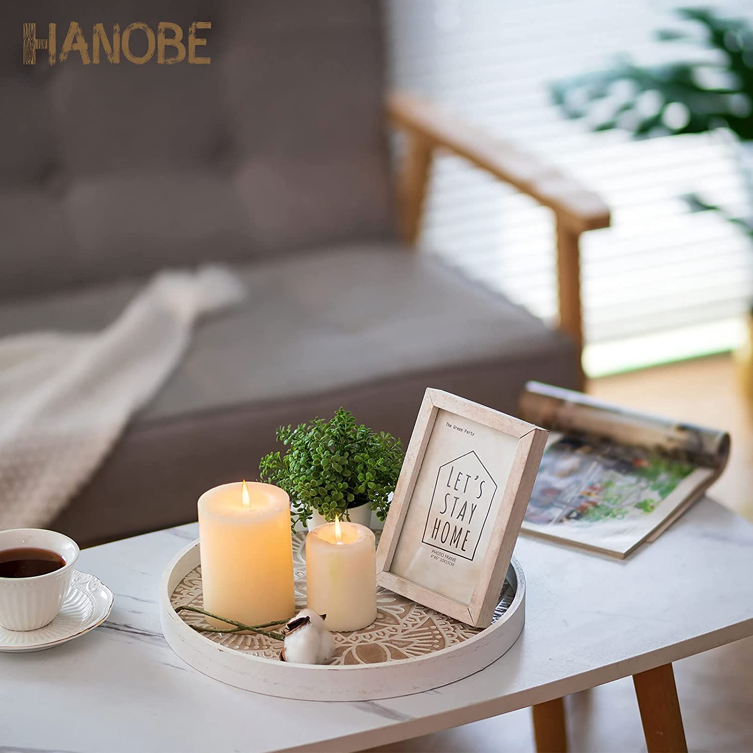 Hanobe round Wood Decorative Tray: Rustic Coffee Table Tray Farmhouse Tray Decor White Washed Centerpiece Wooden Serving Trays Rounded Tray for Kitchen Counter Boho Ottoman Tray for Home image number 6