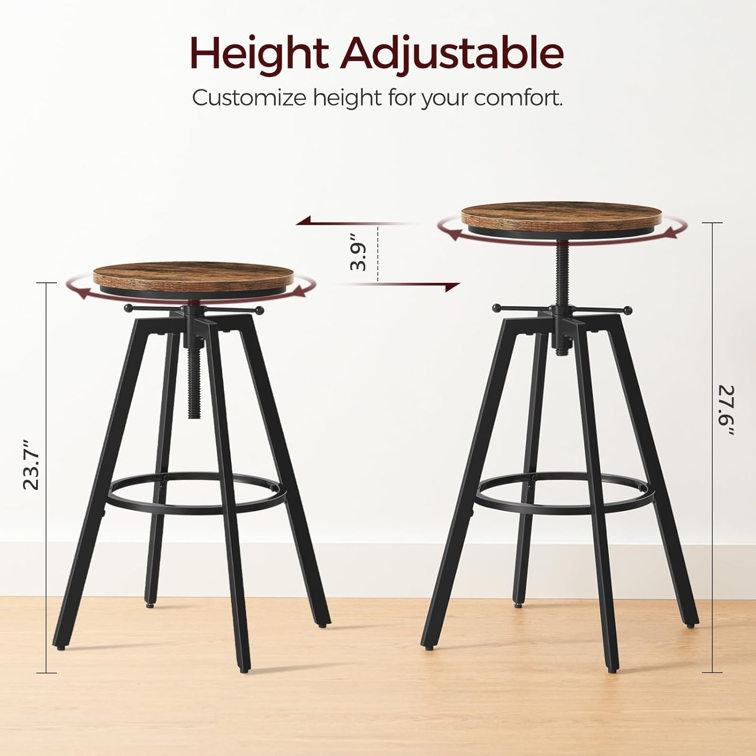 MAHANCRIS Bar Stools, Height Adjustable Swivel Bar Stool, Counter Height Bar Stool, Set of 2 Industrial Bar Stools, Vintage round Bar Chairs with Sturdy Metal Frame, Rustic Brown BAHR0701 image number 6