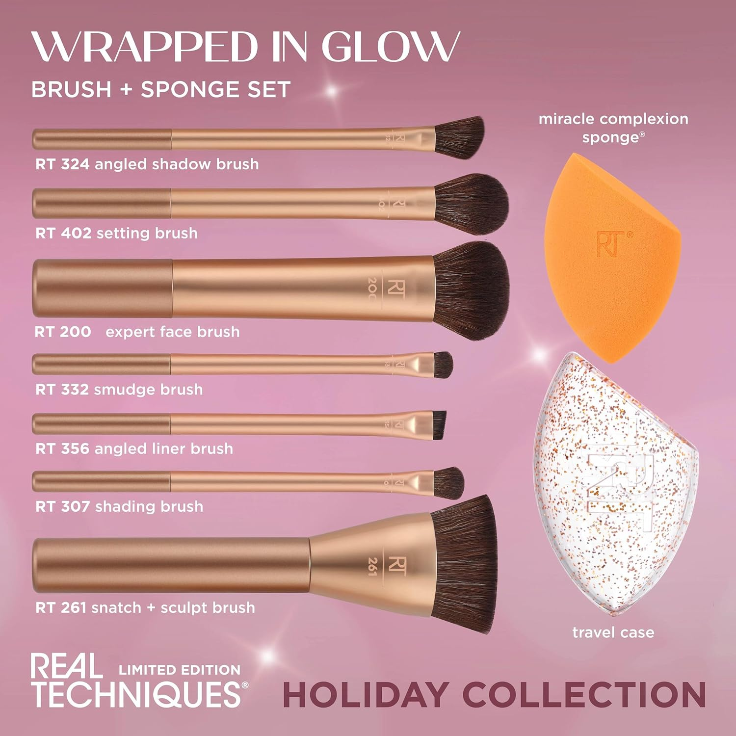 Real Techniques Wrapped in Glow Brush + Sponge 9 Piece Set, Complete Makeup Brush Set, Foundation Sponge, Seamless Blending & Travel Case, Stocking Stuffer image number 4