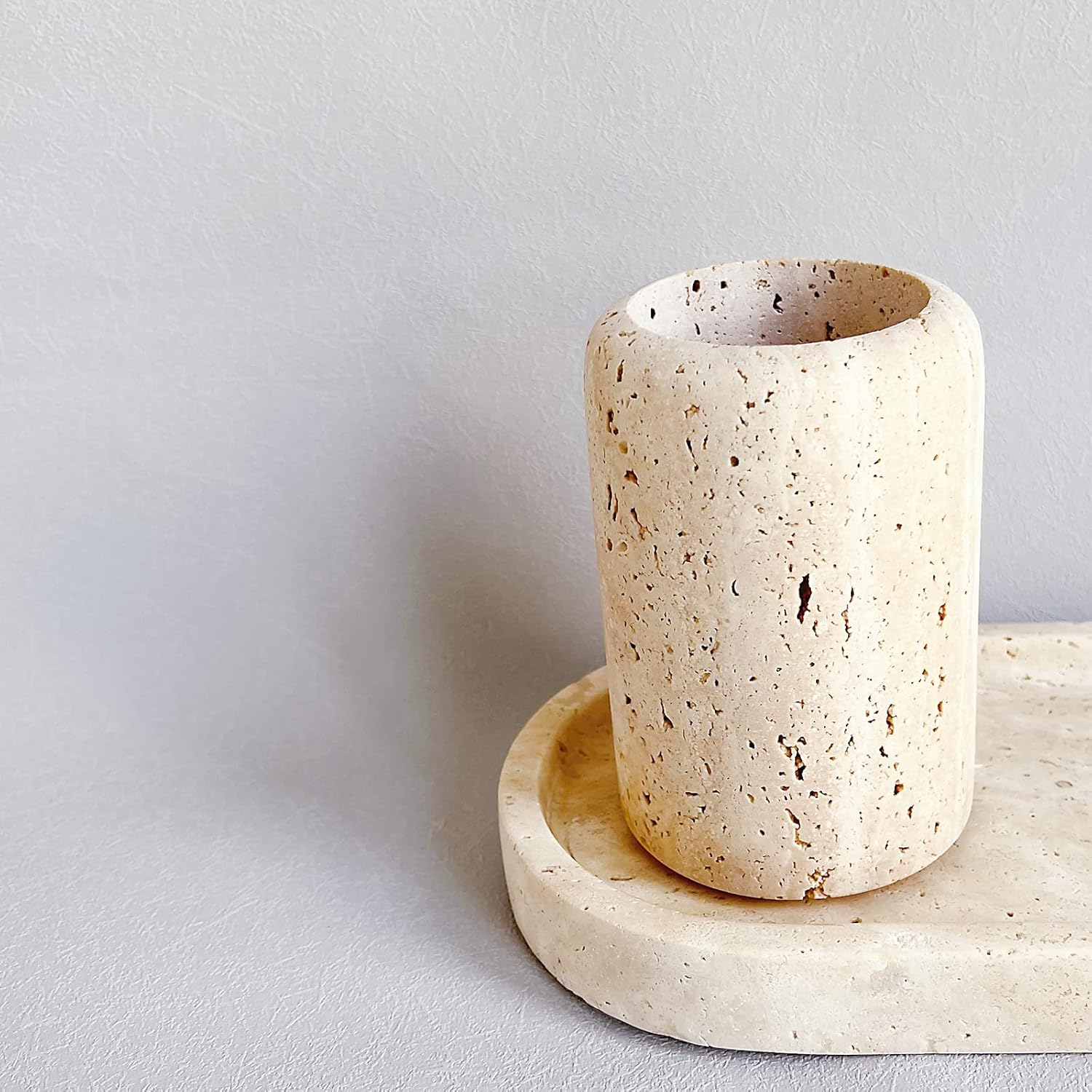 Stoneplus Natural Beige Marble Travertine Toothbrush Holder Makeup Brush Holder Bathroom Countertop Organizer (Rice White Travertine) image number 2