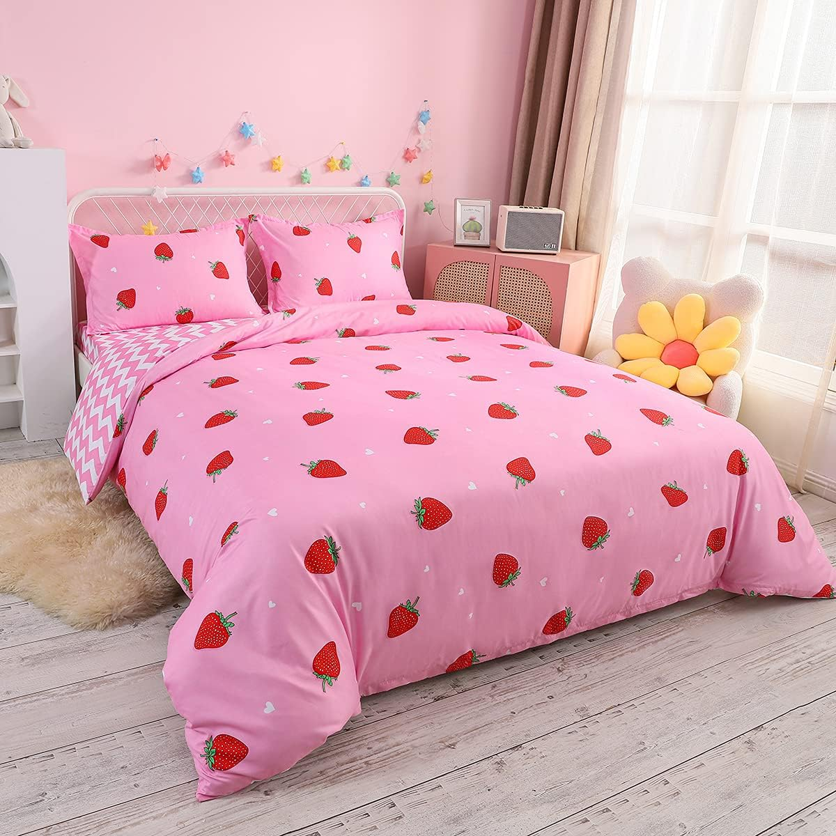 Erosebridal Cartoon Duvet Cover Set Full Pink Peach Bedding Kid Kawaii Girl Lovely Comforter Cute Fruits Quilt Tropical Plant Reversible Soft Bedspread Room Decor