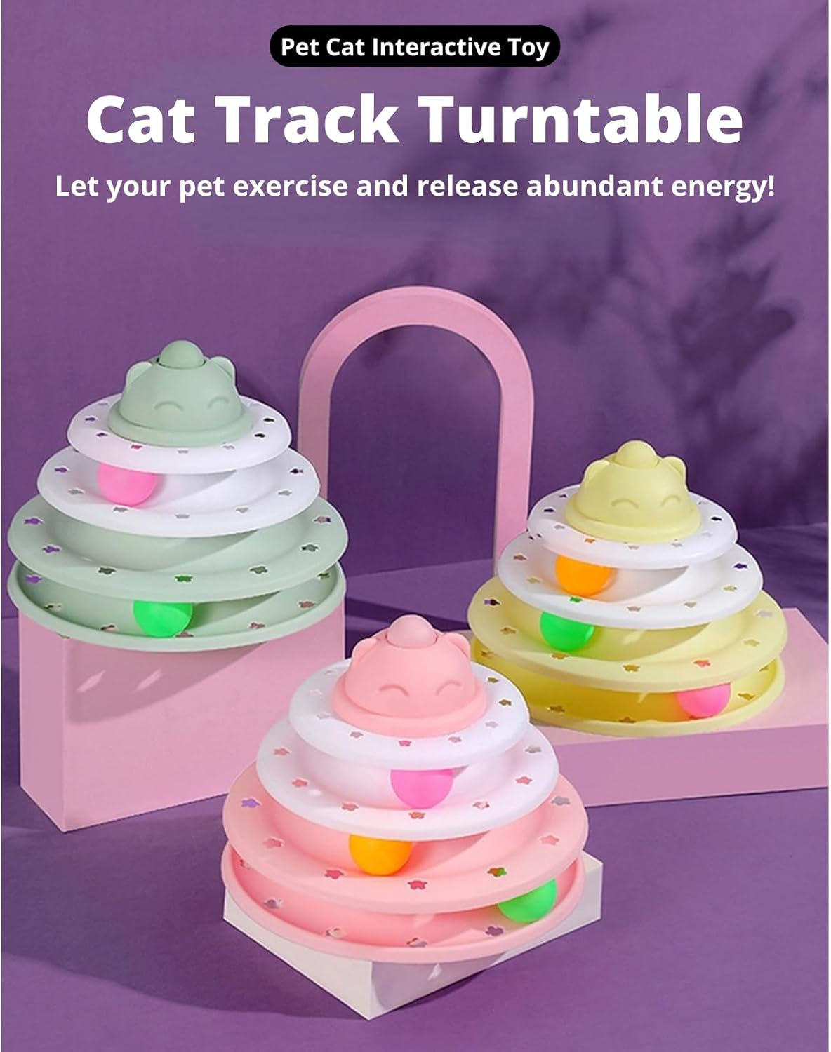 Cuifati Cat Roller Ball Toy, 3 Tracks Plastic Cat Turntable Toy, Kitten Tower Toy with 3 Colourful Balls, for Multiple Indoor Cats image number 4