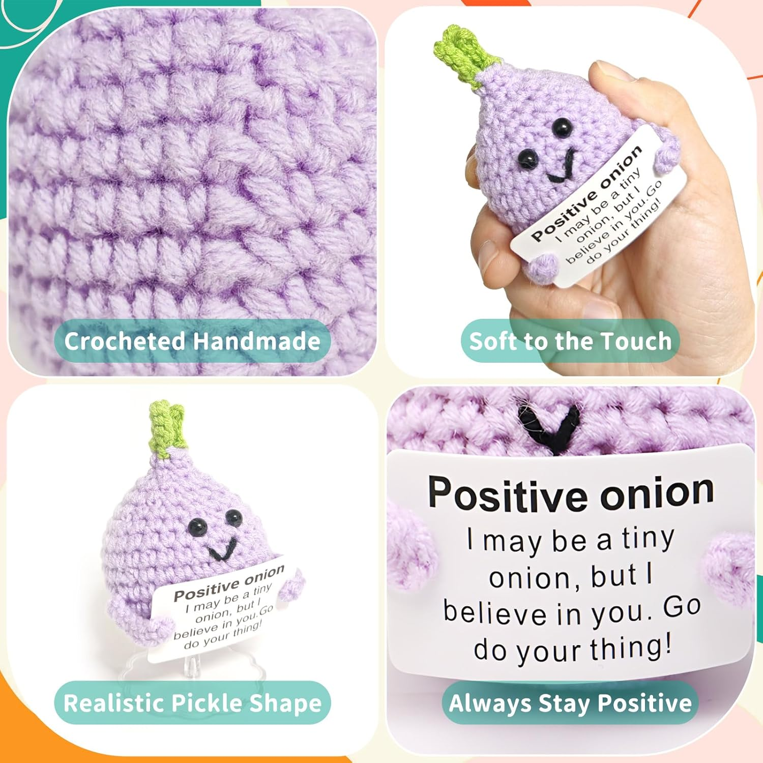 6 Pcs Crochet Emotional Support Positive Pickle for Women, Small Plush Novelty Funny Emotional Support Avocado Pickle Toys with Positive Note for Desk Home Decor Birthday Valentines Gift