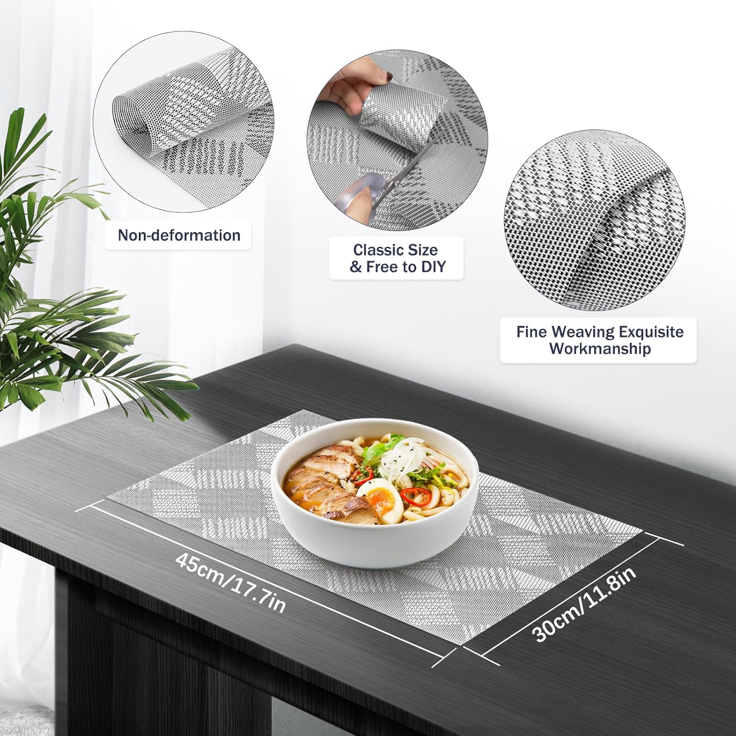 Placemats, Set of 6 Heat Resistant Place Mats, Stain-Proof Non-Slip Wipeable PVC Dining Table Mats, Dining Table Placemats for Easter Thanksgiving Christmas New Year Party Home Decor (Silver Diamond) - Bamboo Grey image number 4