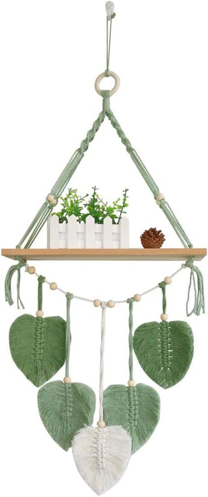 AIMALL 1 Piece Nordic Style Handmade Woven Tapestry Wall Hanging with Storage Rack, Pine Wood Frame, Leaves Design, 39X86Cm, Durable Decorative Shelf for Plants image number 4