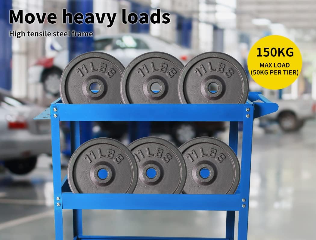 Traderight Tool Cart Trolley 3-Tier Toolbox Workshop Garage Storage Organiser with Wheels, Steel Utility Rolling Cabinet for Mechanics, 150 Kg Load Capacity, Lockable Drawers, Blue