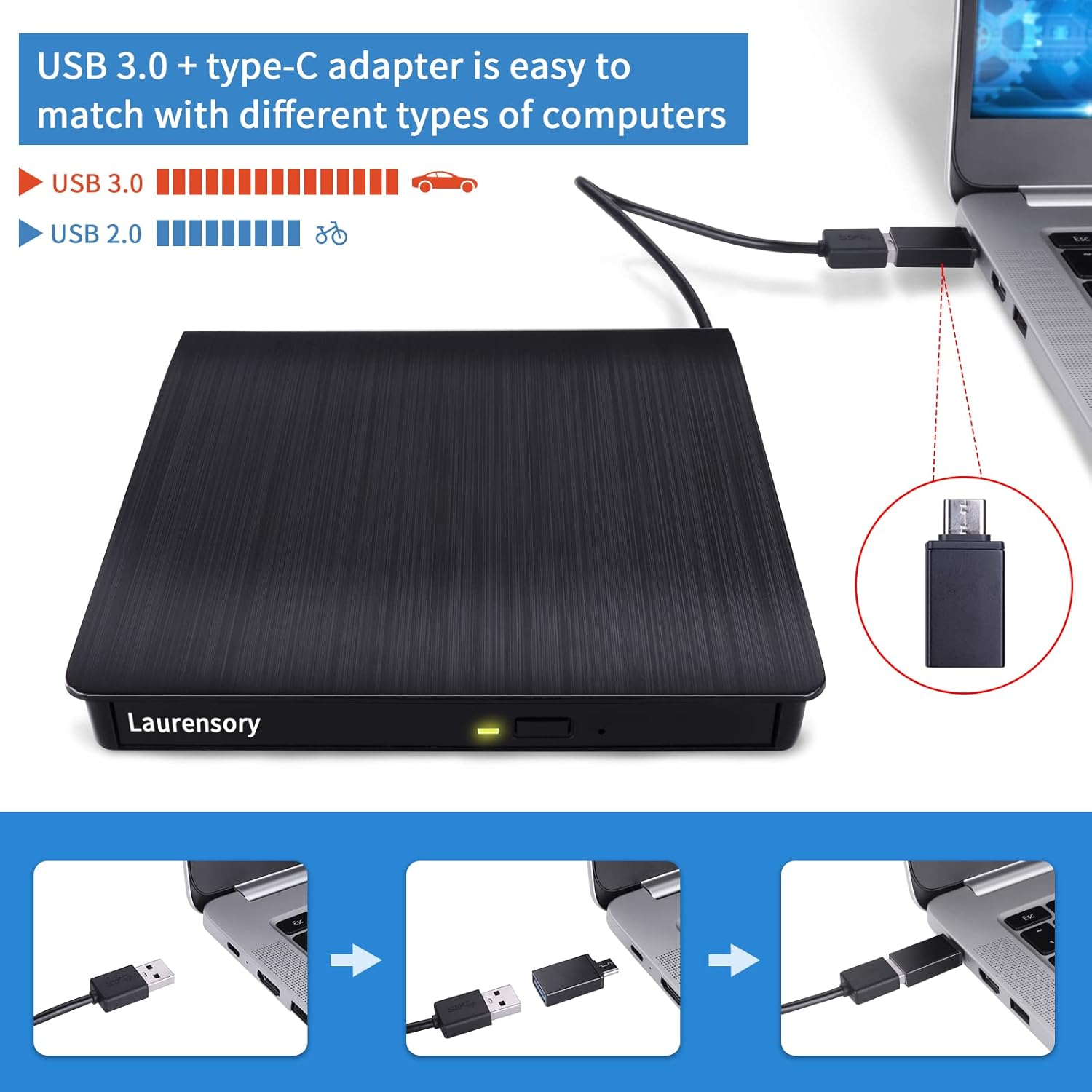 External DVD Drive USB 3.0 Type-C USB Portable Player for Laptop CD DVD +/-RW Disk Drive CD ROM Burner Writer CD/DVD Burner Reader Compatible with Desktop Windows Linux OS Apple Macbook image number 3