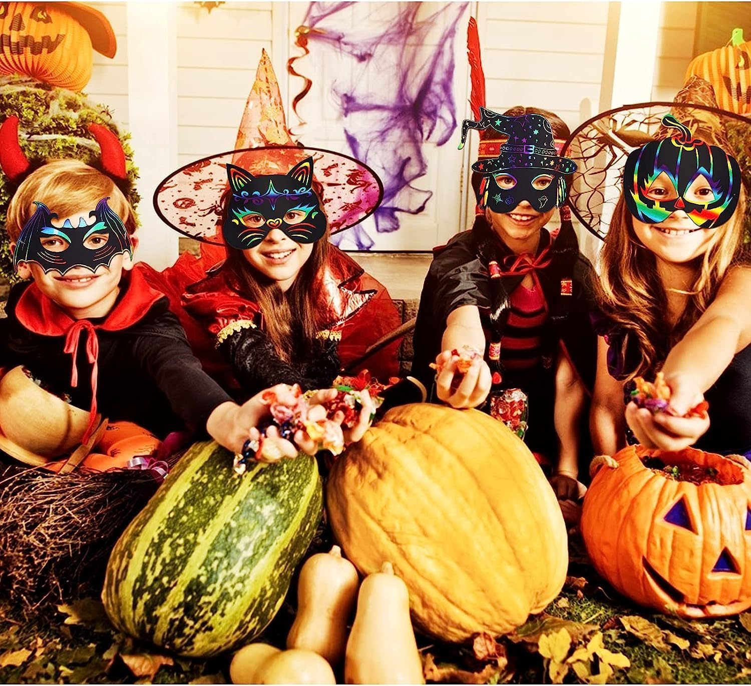 36 Pieces Halloween Scratch Masks for Kids and Adults, Halloween Class, Crafts for Kids, Bulk Halloween Party Games, Magic Scratch Paper, Accessories for Bats, Witches, Pumpkins, image number 5