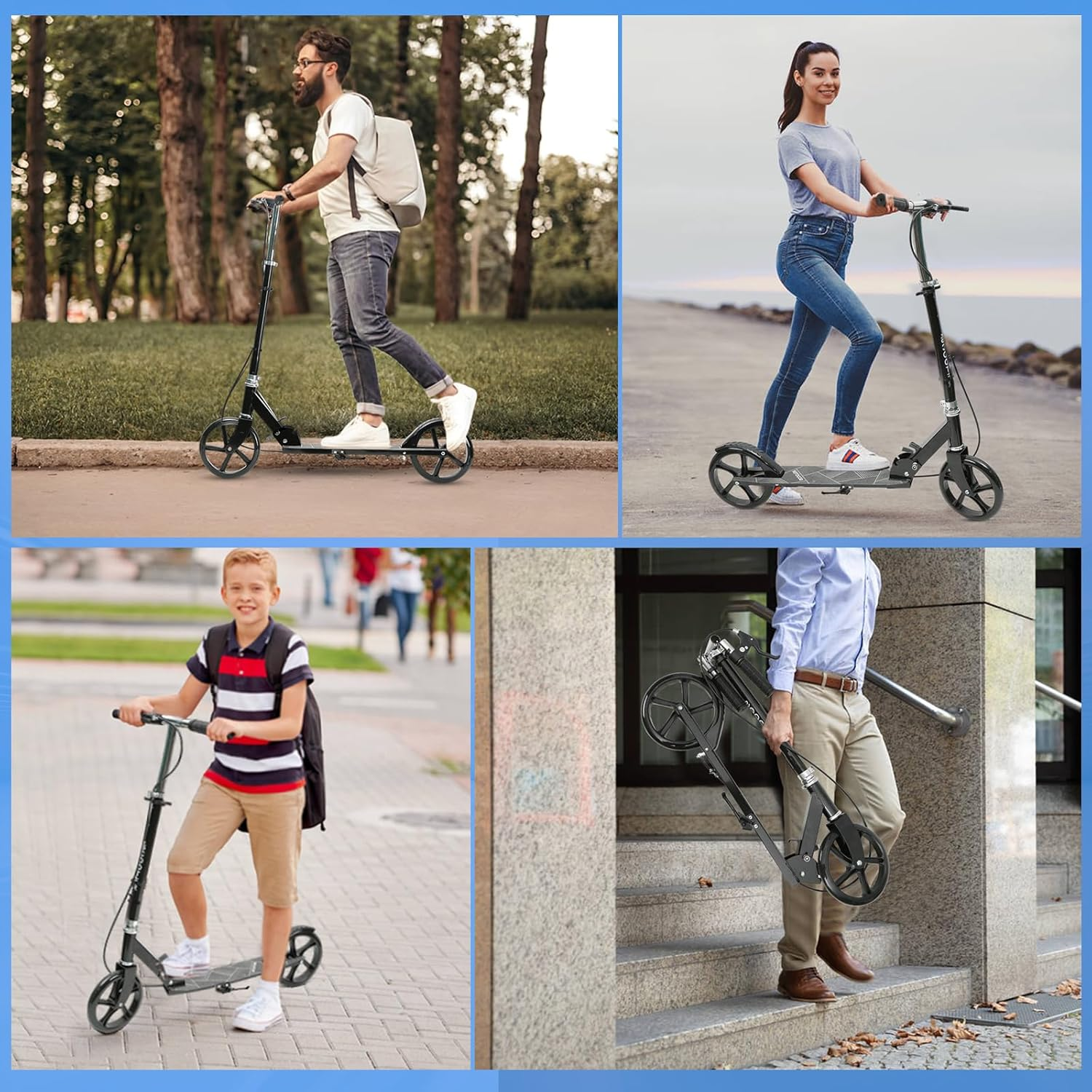 Joywoof Foldable Scooter for Kids Ages 8+ Height Adjustable with 8" Big Wheels, Portable Scooters for Adult Teenagers Kids Riders up to 250 Lbs Black