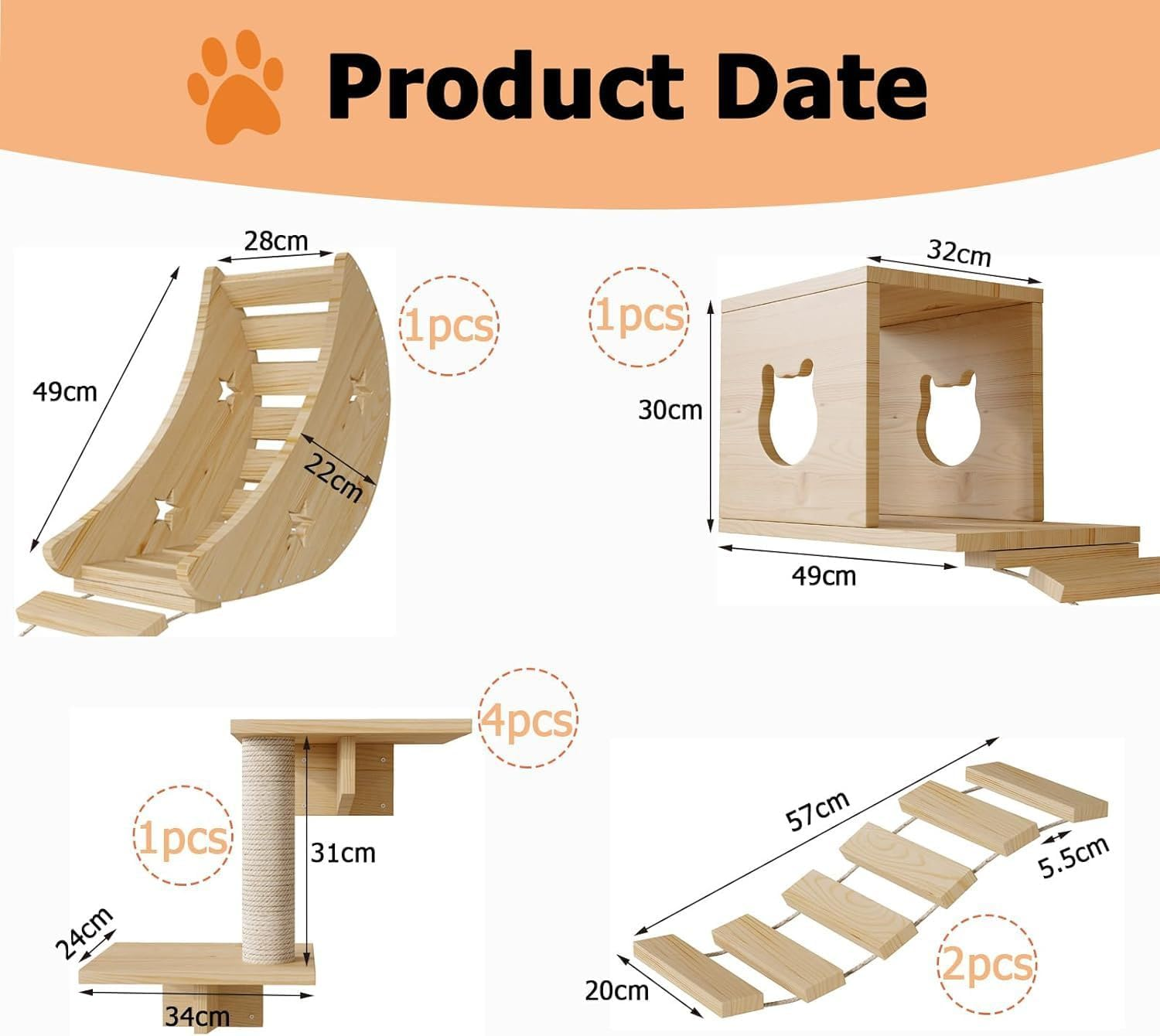 Cat Wall Shelves Set of 9 &ndash; Modern Wall-Mounted Climber with House, Steps & Scratcher &ndash; Furniture for Large Indoor Cats &ndash; Natural Wood image number 1