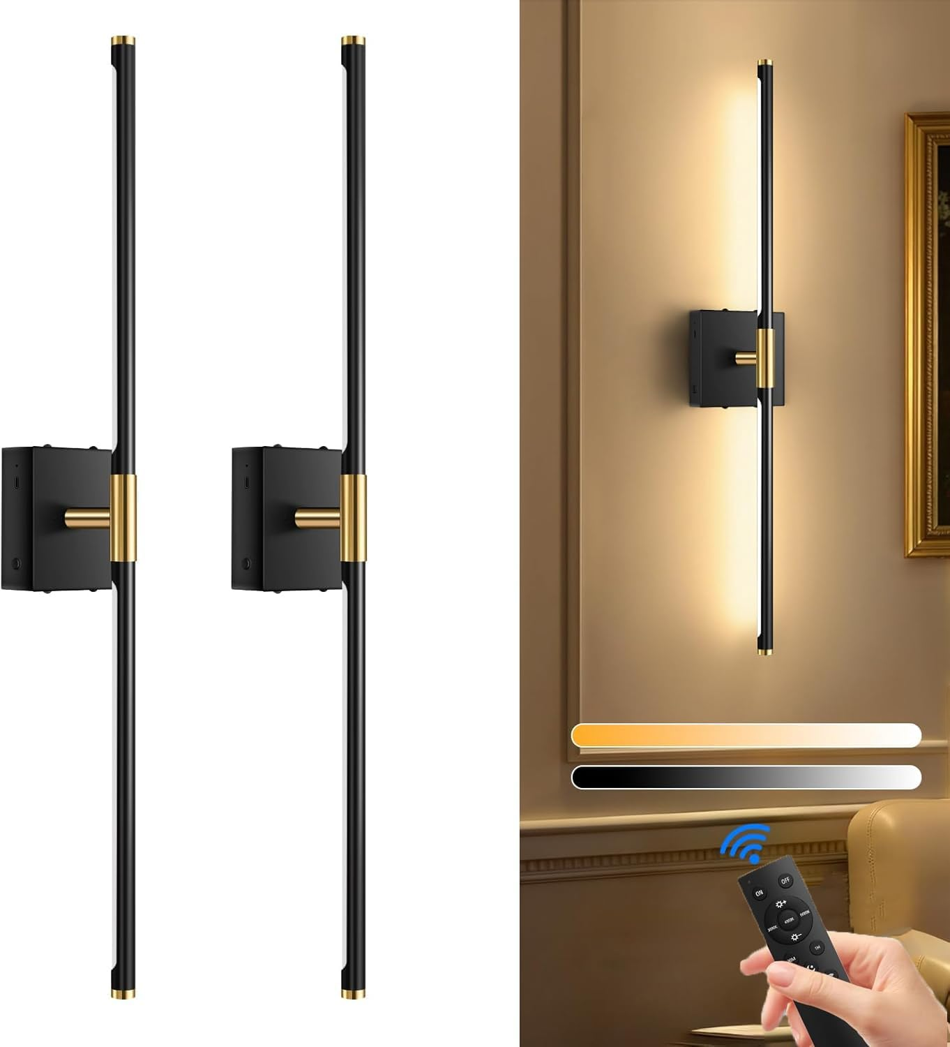 2 Pack Battery Operated Wall Sconces, Wireless 360&deg;Rotate Wall Sconces with Remote Control Dimmable Timing, LED 3 Color Rechargeable Wall Lights for Living Room, Hallway, Bedroom (Black A)