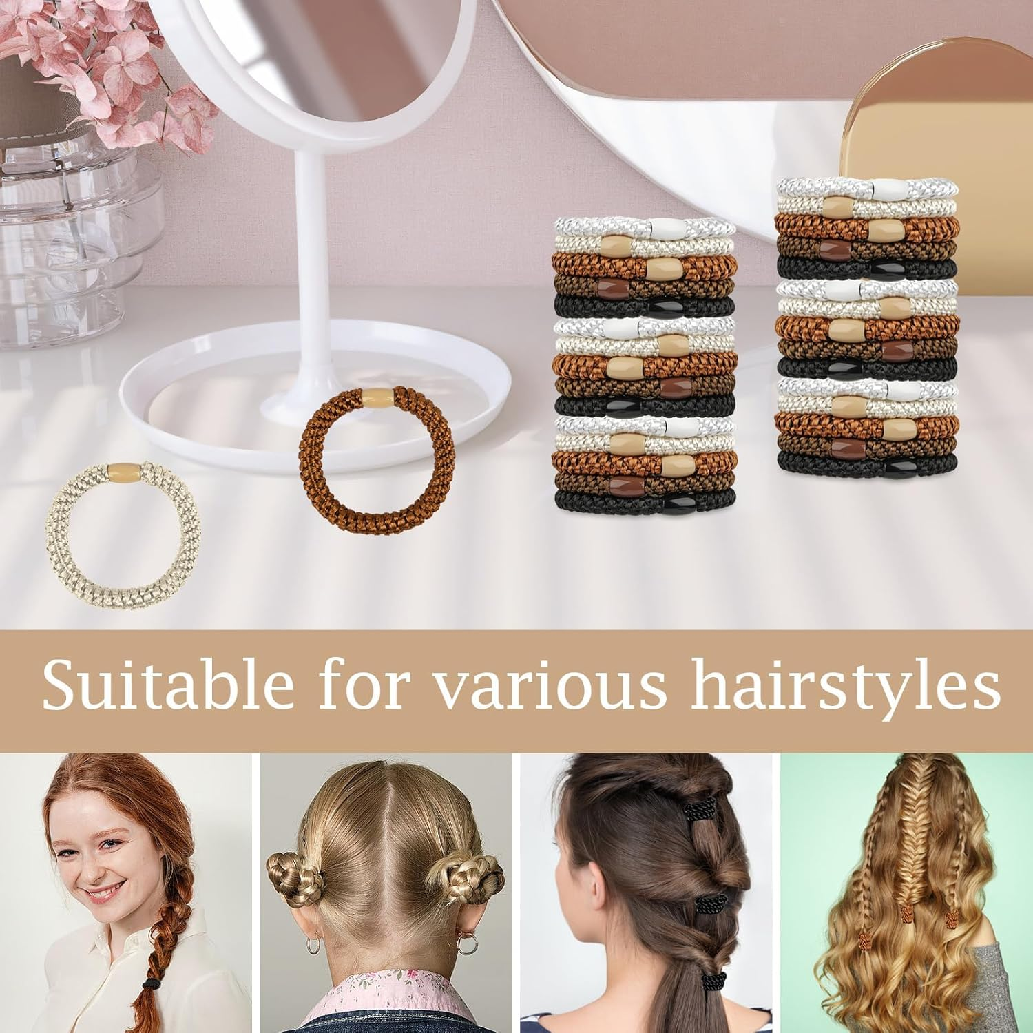 30 Pcs Hair Ties, Hair Bands, Ponytail Holders for Women Girls, No Damage No Crease Hair Elastics for Thick Hair, Long Braids, Ponytails and Other Hairstyles (Black/Brown/White/Beige/Coffee) image number 2