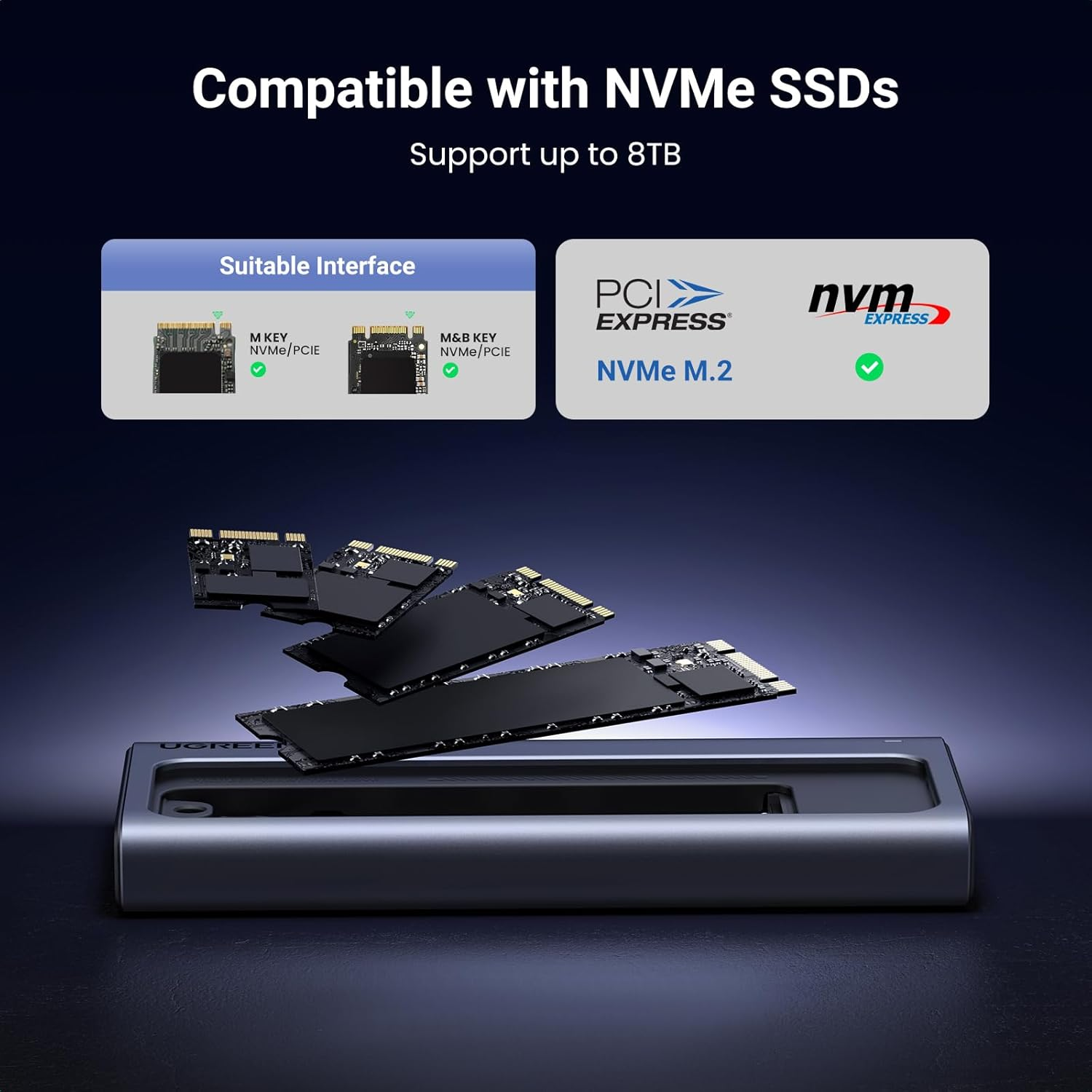 UGREEN 40Gbps M.2 Nvme Enclosure with Cooling Fan, Anti-Drop Aluminum Shell, Support UASP & Trim, Compatible with M and M&B Key and Size in 2230/2242/2260/2280 Ssds image number 3