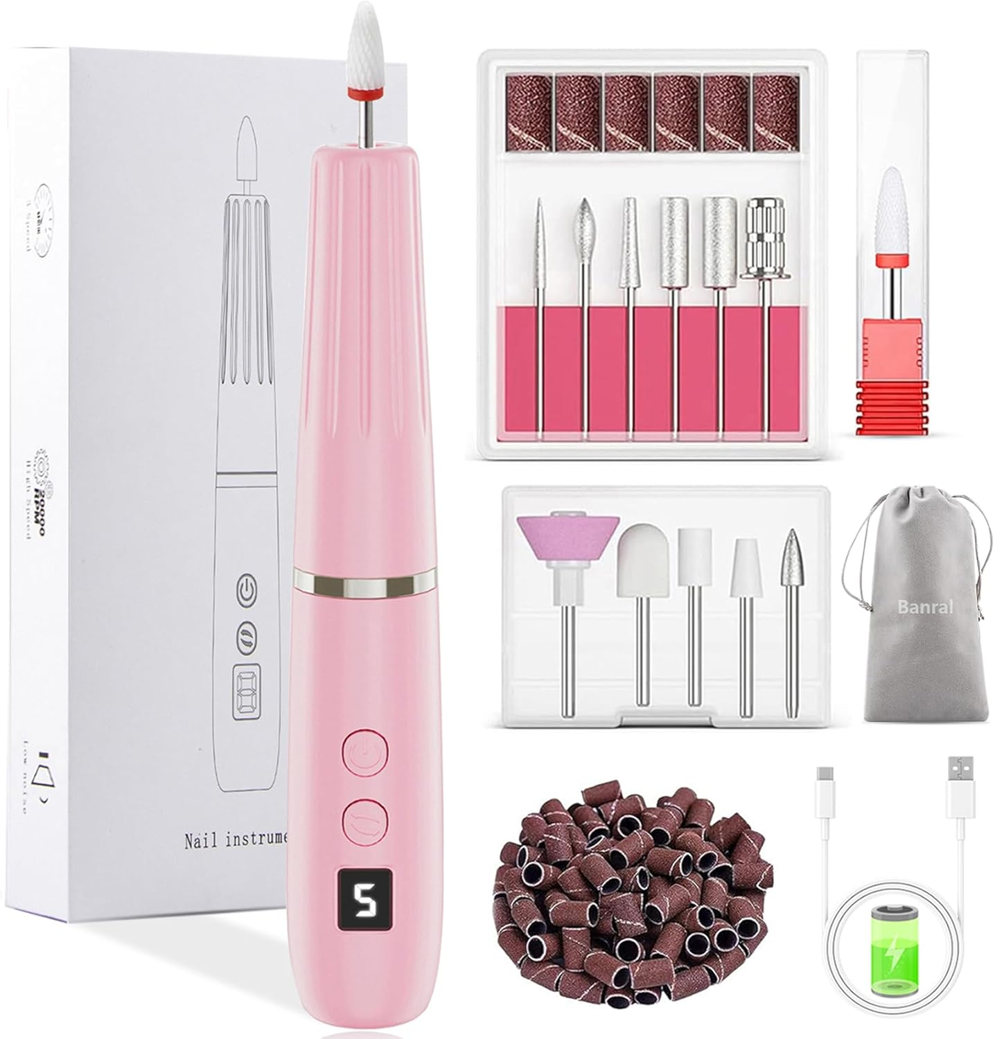 Electric Nail File 12 in 1 - Electric Manicure Kit 20000Rpm, Electric Nail Milling Machine 5-Speed, Acrylic Nails, Gel Nails, Calluses Removal