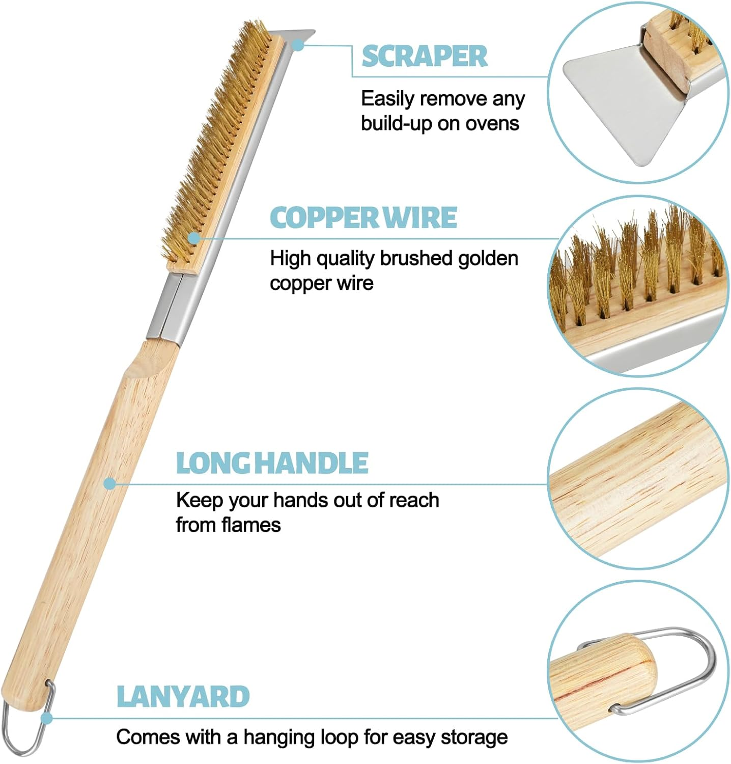 21'' Pizza Oven Brush with Scraper, Brass Bristles Pizza Stone Cleaning Brush with Wooden Long Handle Hanging Ring for Oven Pizza Accessories Outdoor (Copper Wire Brush) image number 2