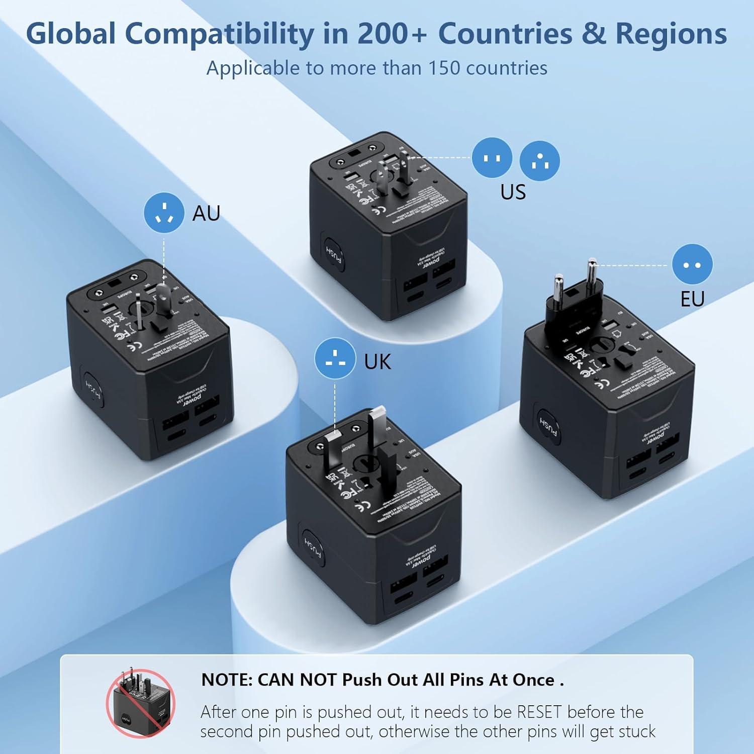 Universal Travel Adapter Worldwide, 54W International Power Adapter with 2 USB-A and 2 USB-C Ports,All-In-One Fast AC Wall Charger Outlet Wall Charger for USA Europe UK EU AUS (Type C/G/A/I),Black image number 3
