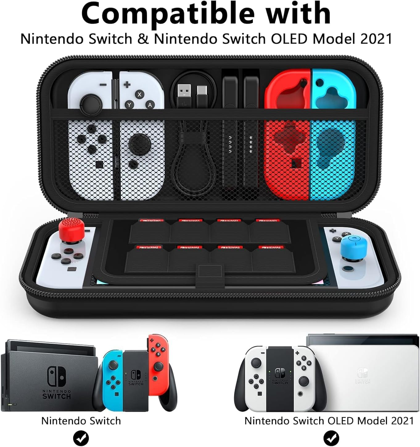 Carry Case Compatible with Nintendo Switch and New Switch OLED Console, Protective Hard Portable Travel Bag Cover Shell Pouch Mesh Pockets for Accessories and Games with 8 Game Cards Holders Black image number 3