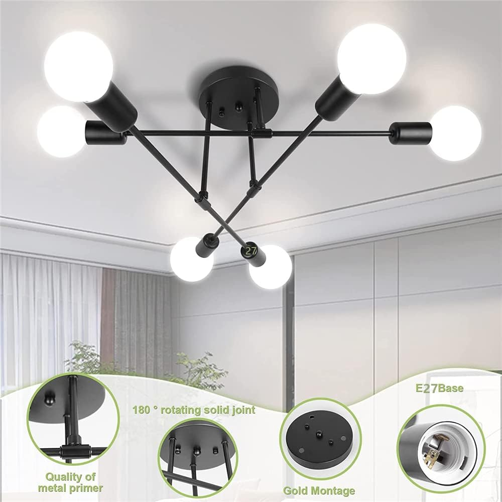 KEPHTH Modern Sputnik Chandelier Ceiling Light Fixture with 6 Lights Black Mid Century Semi Flush Mount Ceiling Lights for Bedroom, Dining Room, Living Room, Kitchen, E27 Base, Bulbs Not Included image number 6