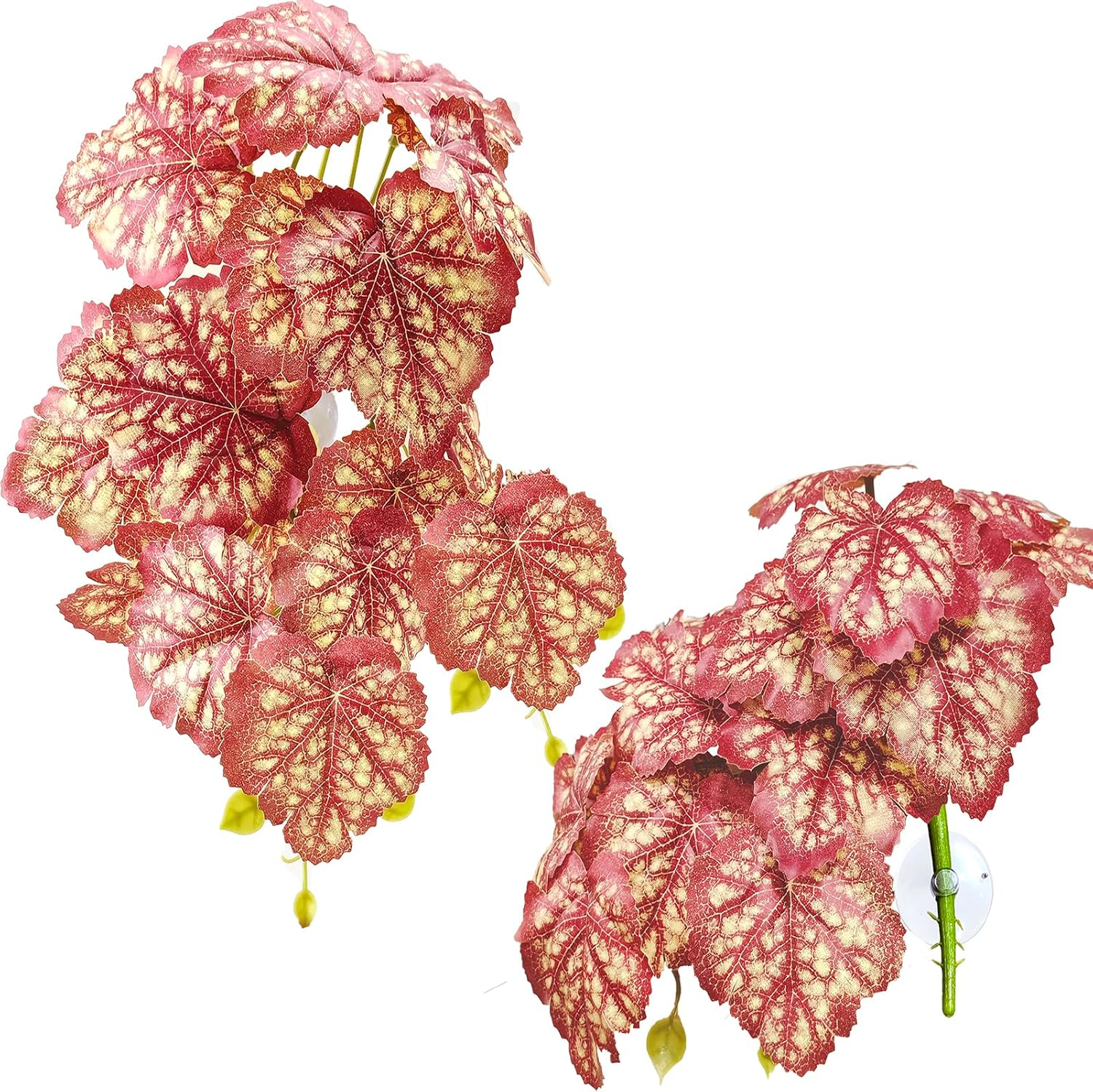 Woyrise Reptile Plants, Terrarium Hanging Plants Vines for Reptile Tank, Amphibian Habitat Leaves Decor with Suction Cup for Bearded Dragon Lizard Snake Gecko Frog Hermit Crab - 2Pcs Pink Heuchera - Calathea Orbifolia image number 2