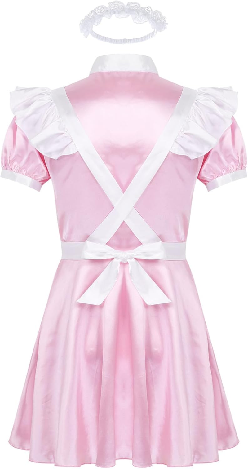Yeahdor Men'S Short Sleeve Satin French Maid Uniform Crossdressing Sissy Lingerie Fancy Dress Outfits image number 5