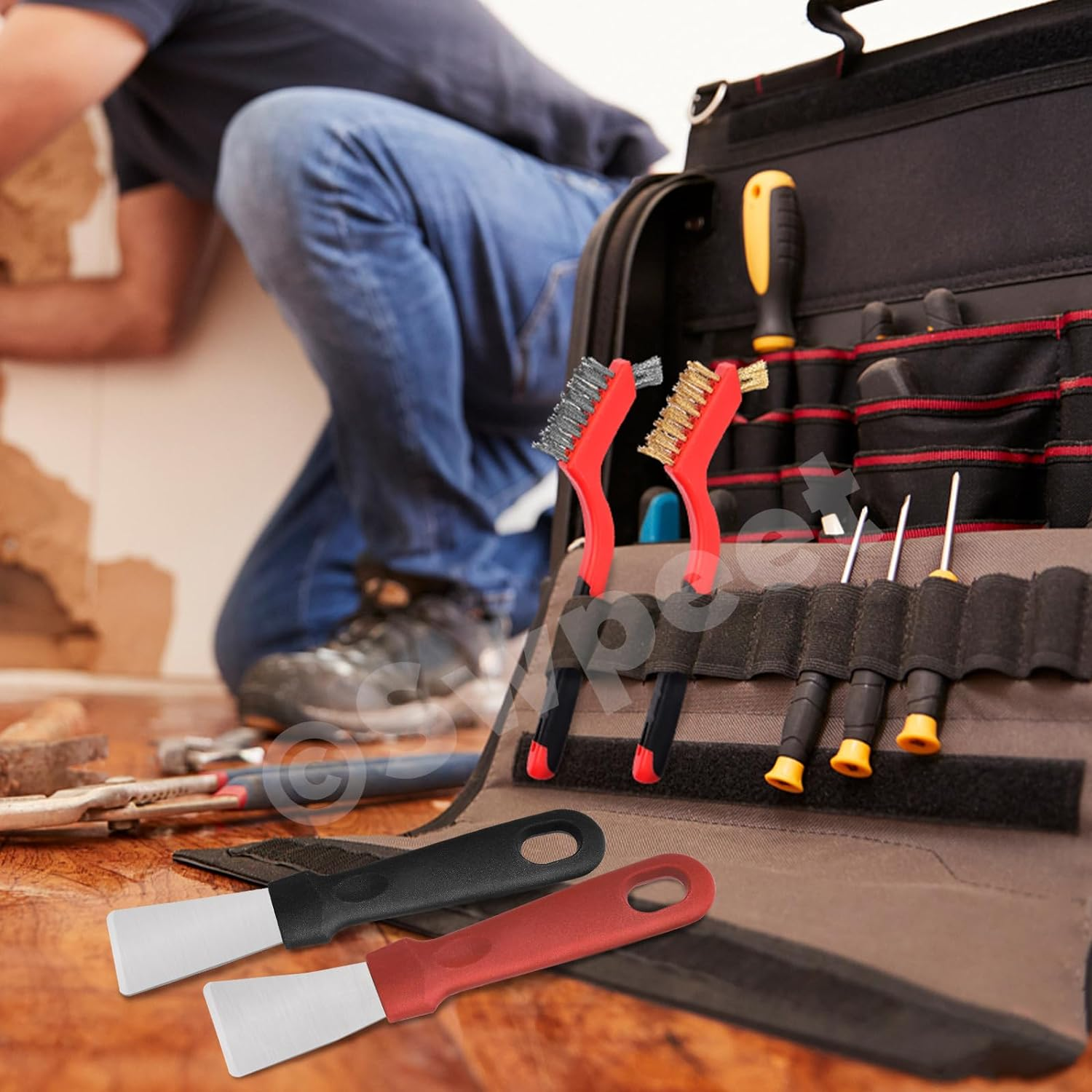 Swpeet 8Pcs Red Small Wire Brush Set, Wire Brush Shovel Set with Curved Handle Grip for Cleaning Rust, Included 2Pcs Brass Brushes, 2Pcs Stainless Steel Brushes, 2Pcs Nylon Brushes, 2Pcs Scraper image number 1