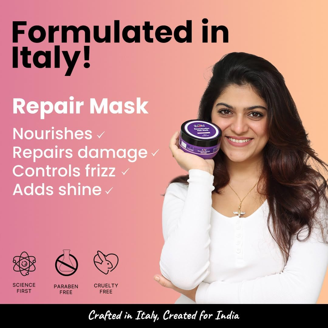 2.Oh! Italian Reconstruction Hair Mask for Frizzy Hair | Hair Mask for Damaged Hair with Deep Conditioning Concentrate | Repair Mask for Dry Hair | Argan Oil Hair Spa Cream for Women and Men, 1 Count