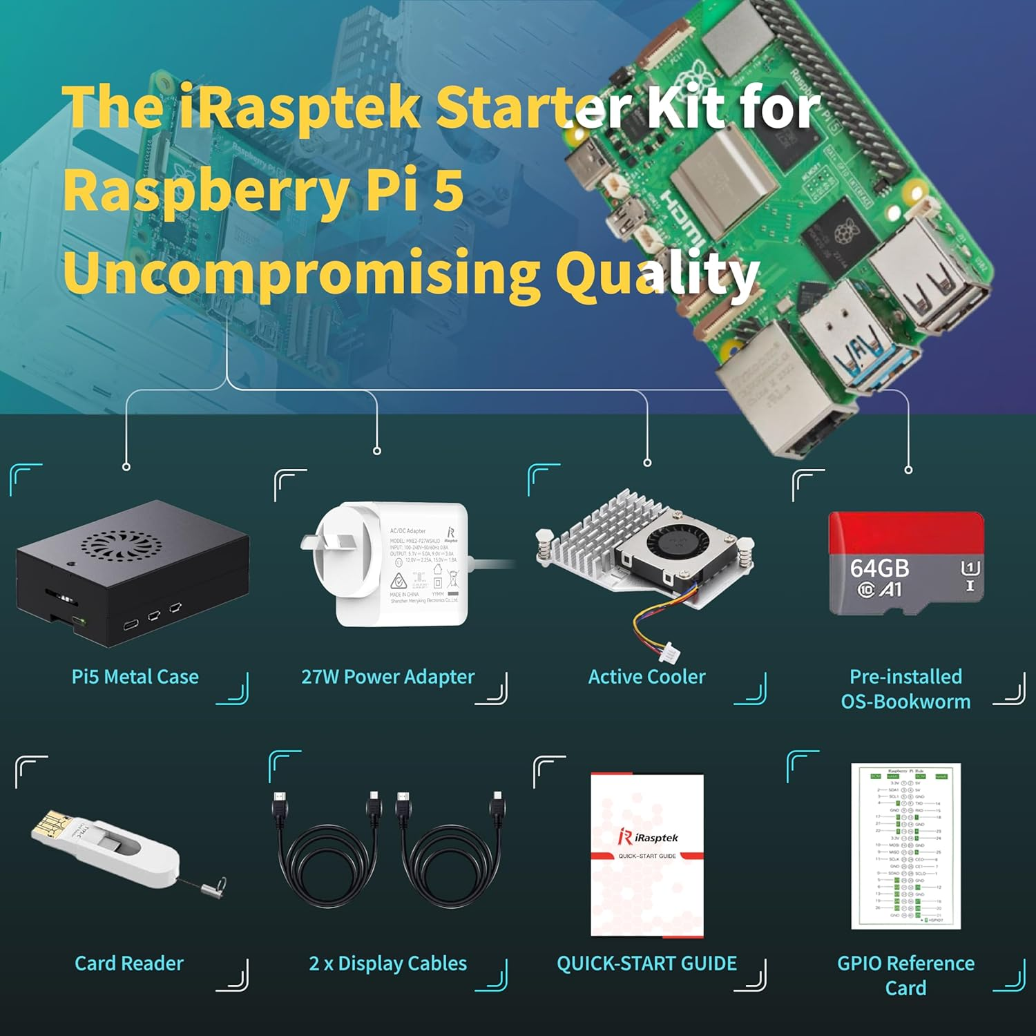Irasptek Starter Kit for Raspberry Pi 5 RAM 4GB-64GB Edition of Os-Bookworm Pre-Loaded(Aluminum Case) image number 6