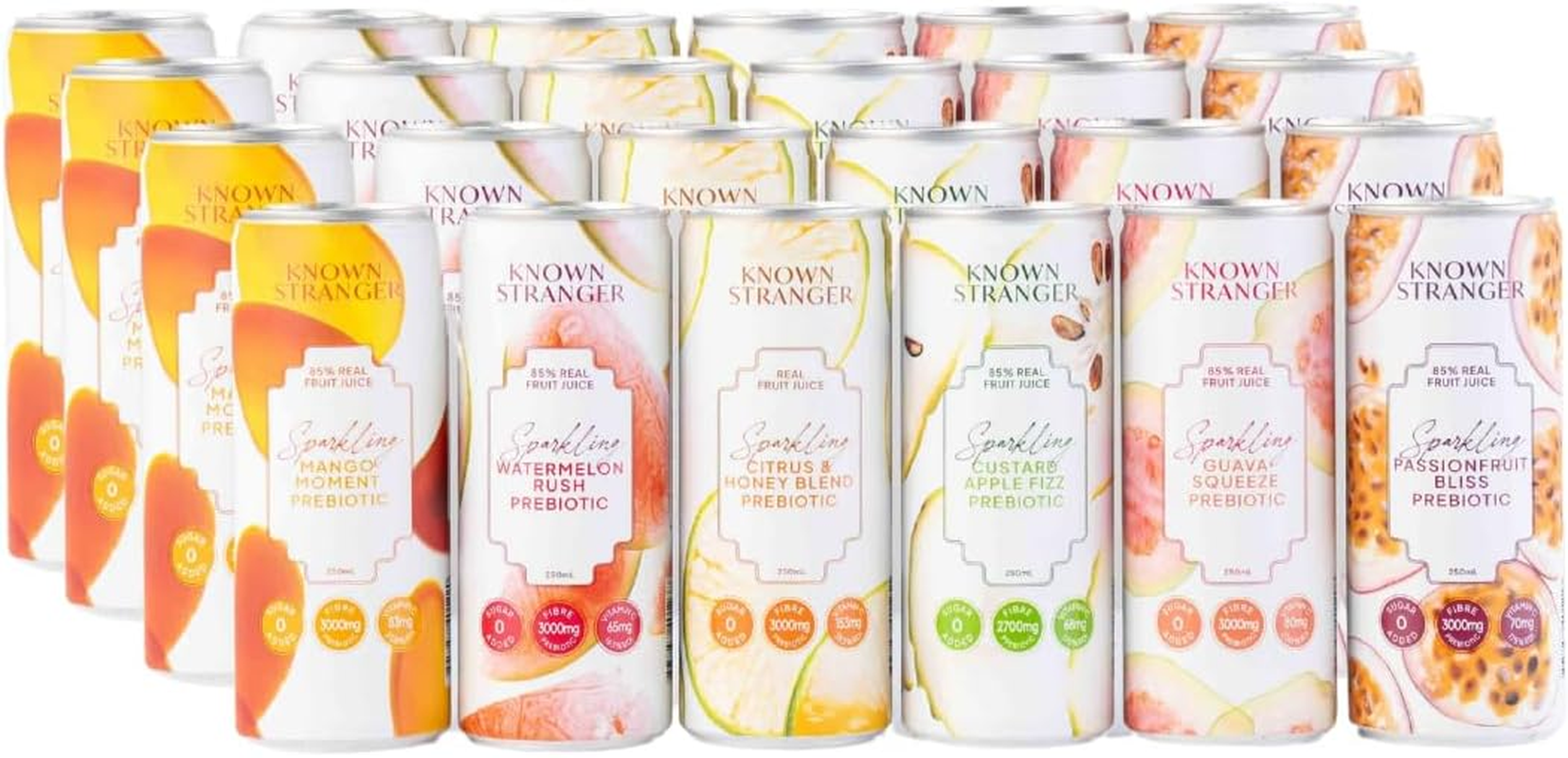 Known Stranger Prebiotic Sparkling Juice | Mixed Pack | 24 X 250Ml Can. 6 Flavours X 4 Cans Each, Guava Squeeze, Passionfruit Bliss, Mango Moment, Watermelon Rush, Custard Apple Fizz, Citrus & Honey image number 6