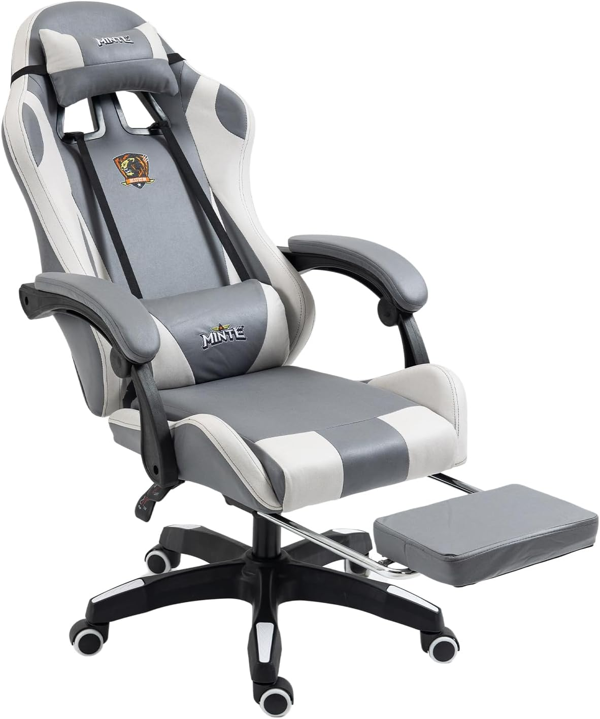 Technology Fabric Gaming Chair, Racing Massage Seat with Footrest, Ergonomic Support, 90-135&deg; Tilt, Breathable Fabric, Adjustable Lumbar, High-Back Recliner for Home Office (Grey) - Bluewite image number 7