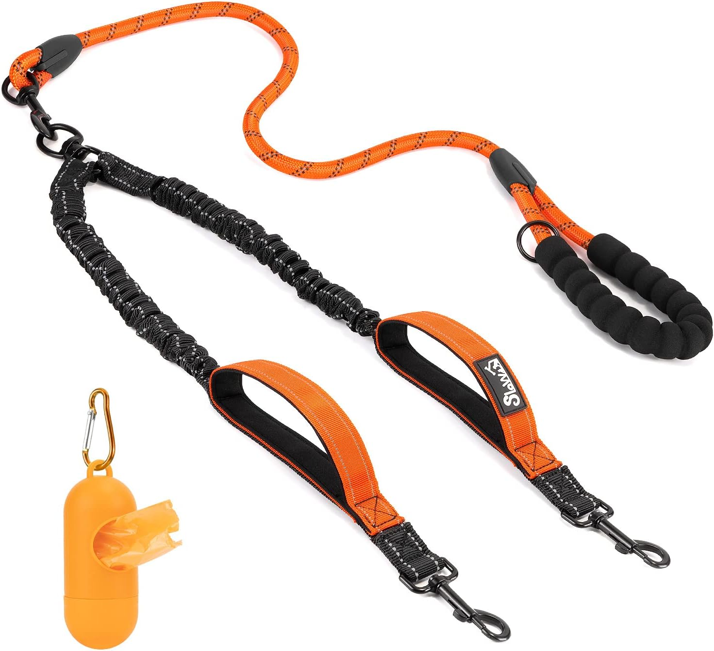 Slowton Double Dog Leash No Tangle - 360&deg; Swivel Heavy Duty Reflective Lead with Two Padded Handles Dual Dog Splitter, Comfortable Shock Absorbing Walking Training for 2 Large Dogs (25-150 Lbs)