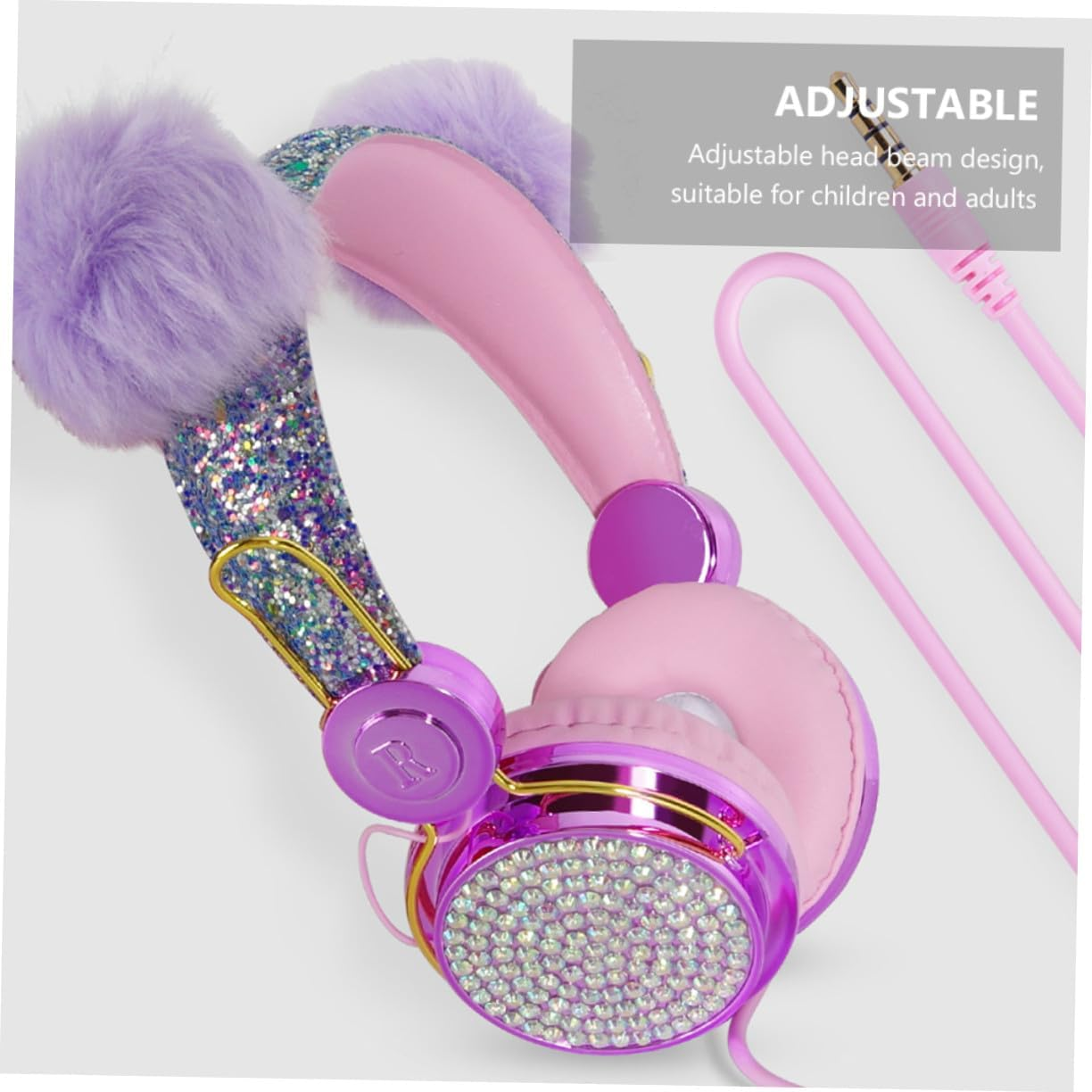 Kisangel Adjustable over Ear Headphones with Glitter Rhinestones and Fuzzy Ball Decor for Boys and Wired Headset Compatible with Laptop Tablet Smartphone Material for Travel Random Color image number 3