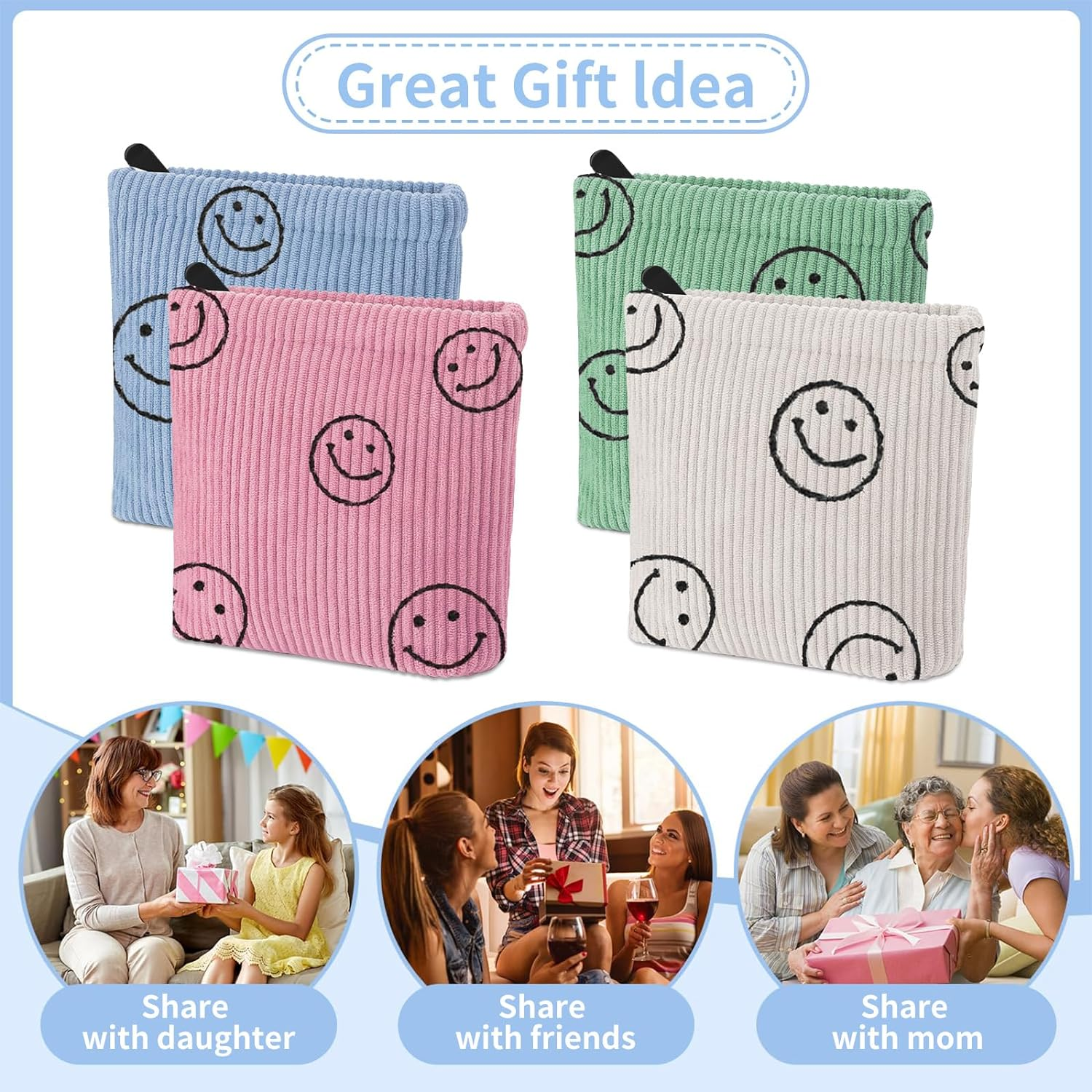 Teircno 2 PCS Preppy Corduroy Period Bag for Women, Cute Smiley Face Sanitary Napkin Storage Bag Portable Period Pouch with Zipper, Sanitary Pads Bag Tampons Holder for Purse First Period - White+Green image number 5