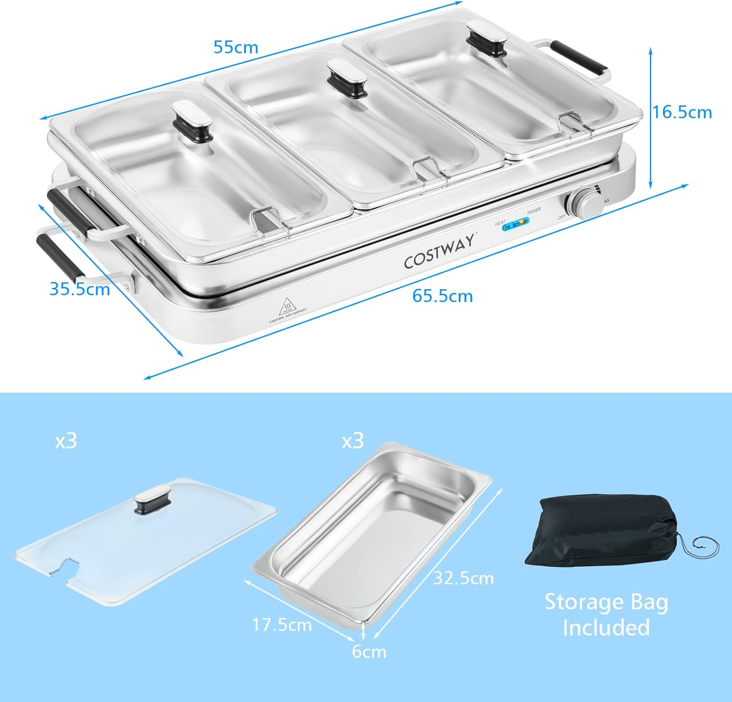 Costway Food Warmer Buffet Server, 450W Stainless Steel Electric Warming Tray, Adjustable Temperature, Transparent Lids W/Spoon Slot, 8L Chafing Dish Set for Parties, Banquets, Catering Events image number 6