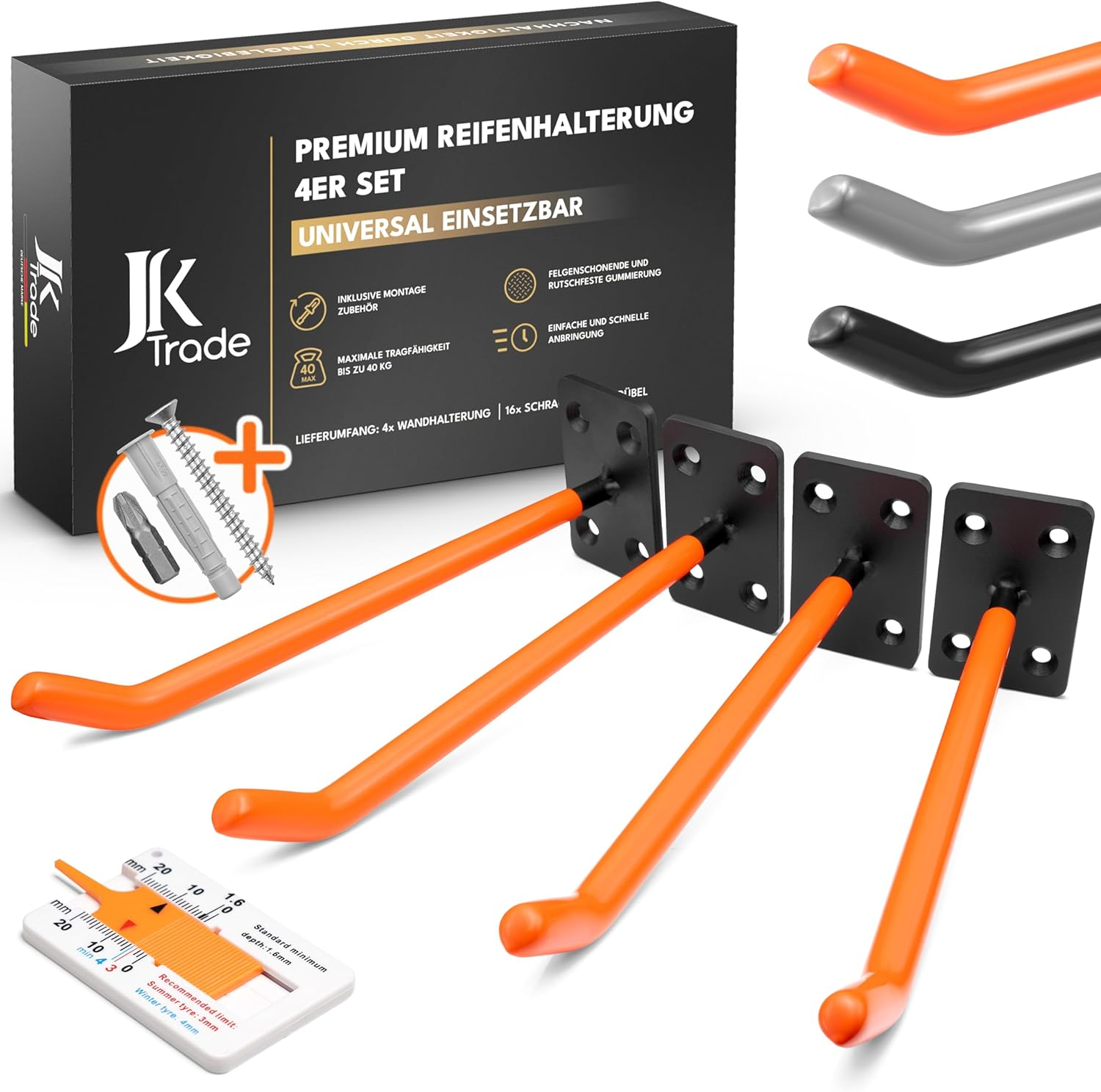 JK Trade&reg; Set of 4 Tyre Wall Mount Set for Car Rims Including Screws and Dowels Set, Rim Protector Wall Hooks for Screwing for Car Tyres, Garden Tools, Alloy Wheels, 40 Kg Load (Grey V1)