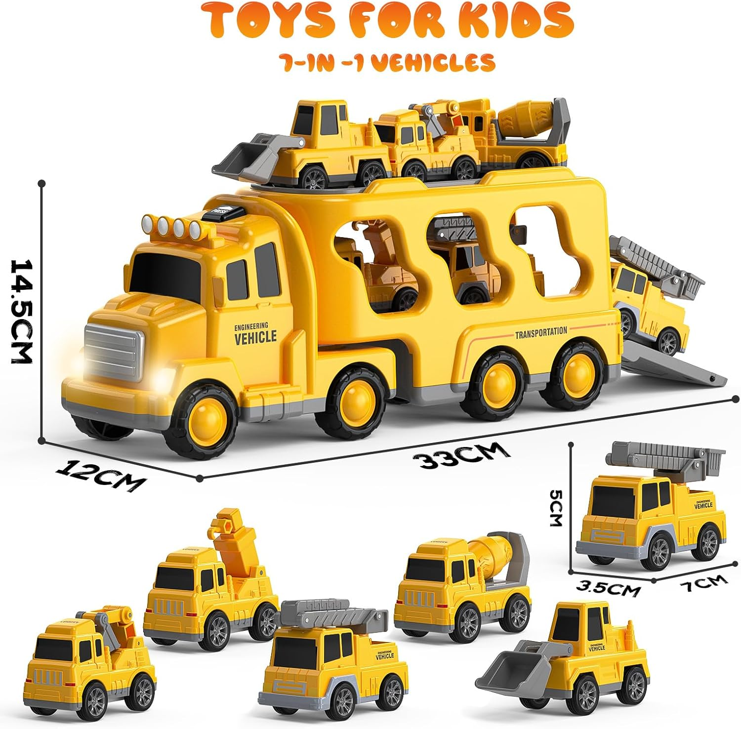 Skirtoy Construction Truck Toys Toddlers 3 4 5 6 7 Years Old,7 in 1 Truck Friction Power Toy Car with Light and Sound Transport Vehicle Carrier Truck, Car Toys Set for Boys & Girls 3-5 Years Old image number 1