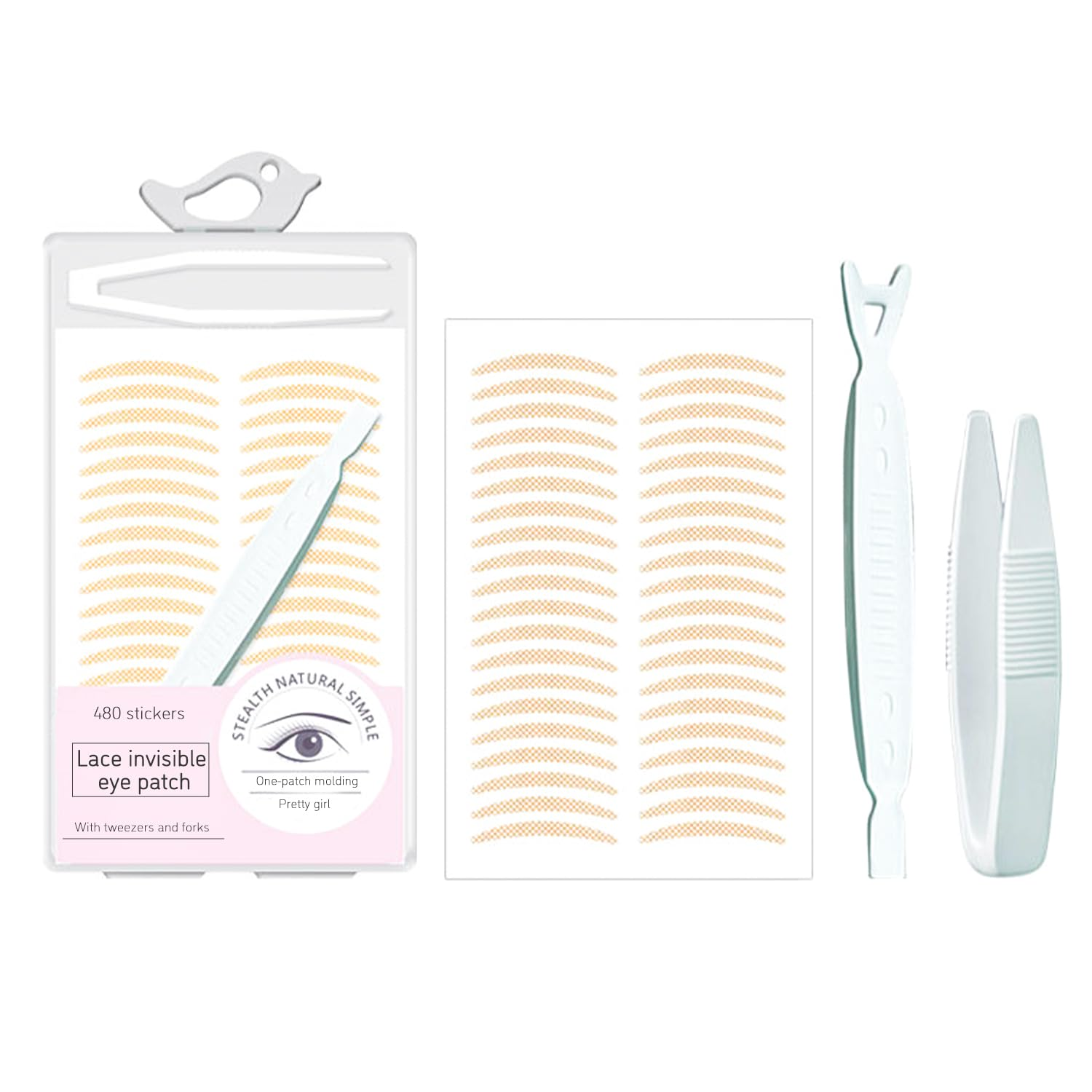 TORMEN 240 Pairs Double Eyelid Lift Strips, Waterproof,Invisible Natural Lace Mesh with Forked Rods and Tweezers for Covered, Droopy, Single Eyelids, Fits Most Eye Shapes(Olive-Shaped)