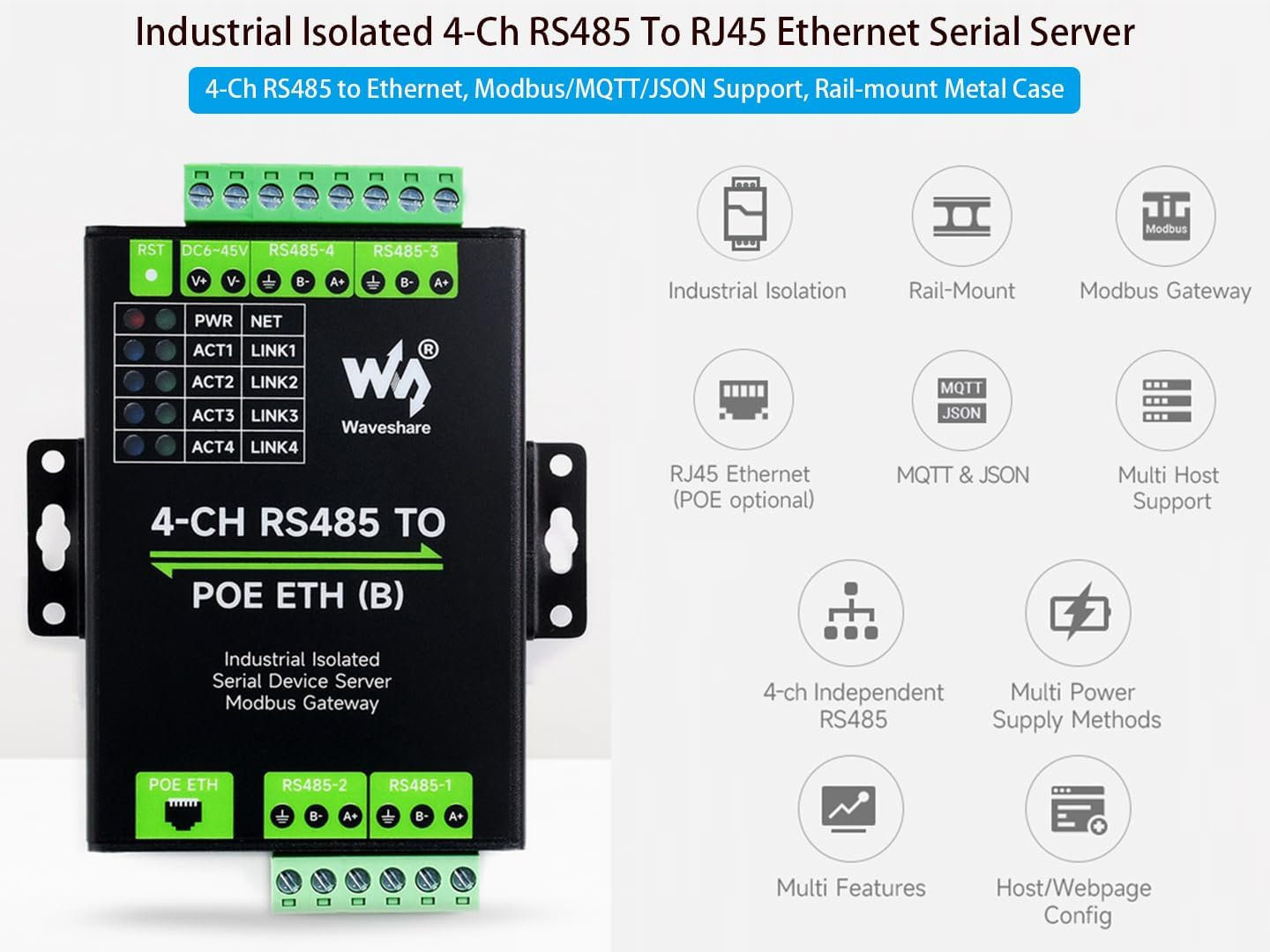 4-Ch RS485 to RJ45 Ethernet with POE Serial Server Adapter Industrial Isolated Serial Module, 4-CH Independent RS485, Support Modbus Gateway/Mqtt/Json, Bi-Directional Transparent Transmission image number 4