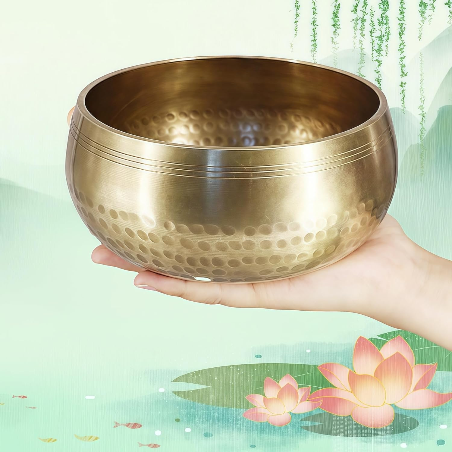 Fay Bless Tibetan Singing Bowl Set - Easy to Play for Beginners - Authentic Handcrafted Mindfulness Meditation Holistic Sound (Gold-8Cm/3In) - Gold-12Cm/4.7In image number 4