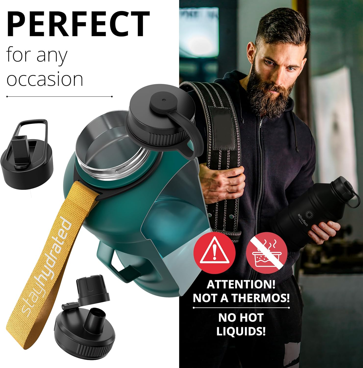 Leakproof Stainless Steel Water-Bottle ACTIVE FLASK + Straw (3 Lids) | Large 1.3/2.2 L Capacity Sports Container Bpa-Free, for Carbonated Drinks, 74 Oz XL Training Outdoor Fitness Water Bottle image number 3