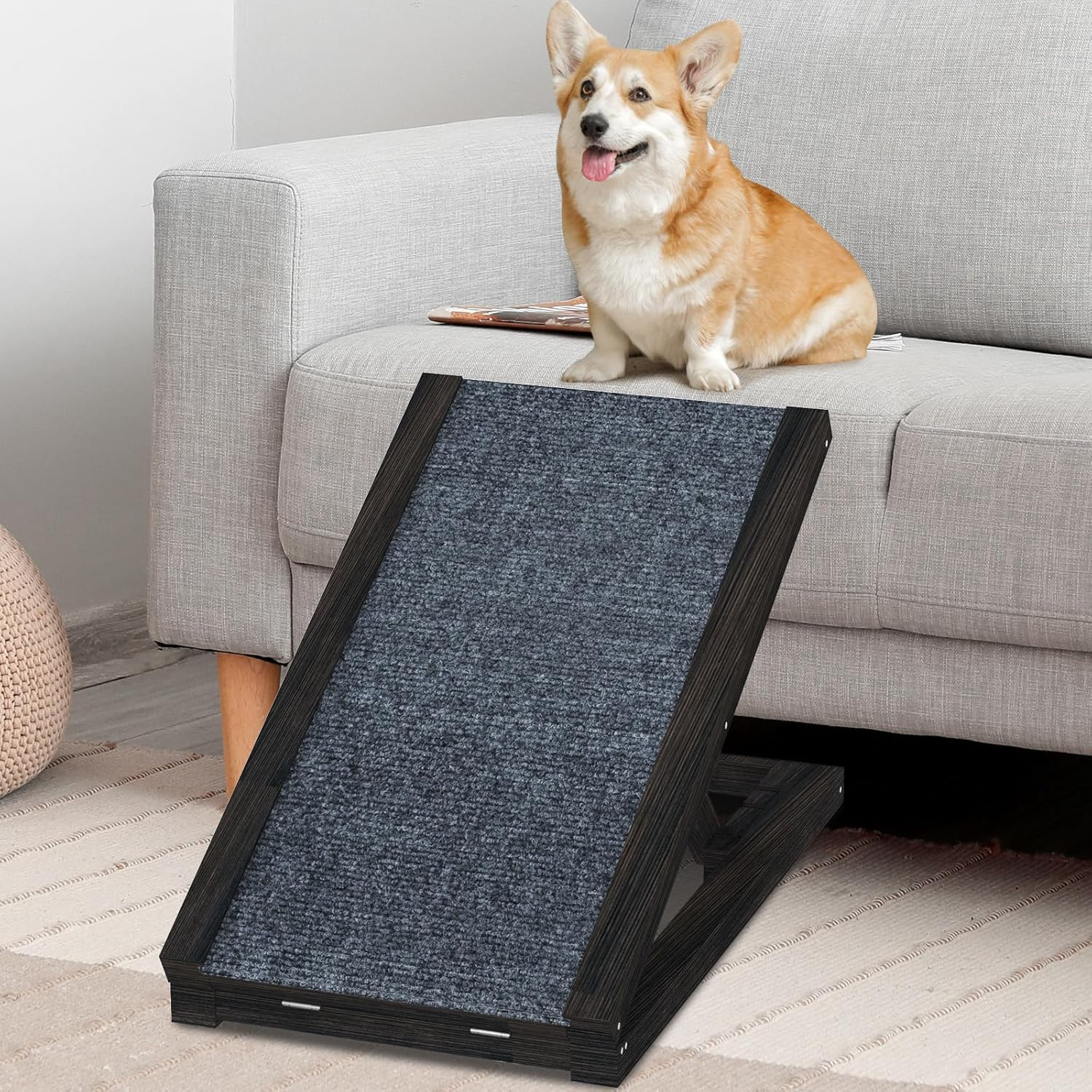 Advwin Wooden Pet Ramp, Non-Slip 3 Level Adjustable Height Foldable 70Cm Long Dog Ramp for Bed, Couch or Car, Safety Stairs Puppy Ramps - Black image number 4