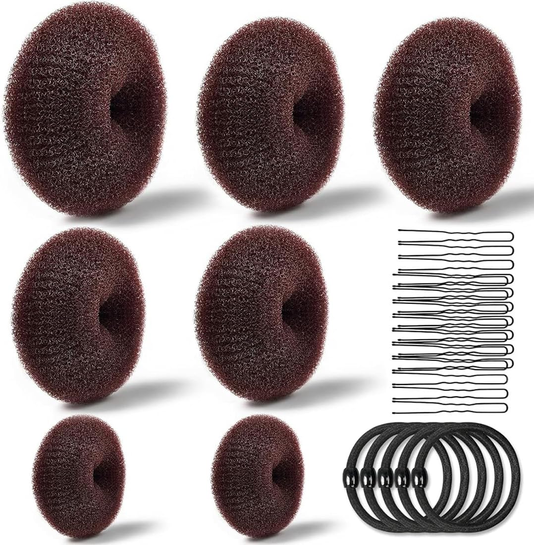KIRZAX 7-Piece Doughnut Hair Bun Maker Set with 5 Elastic Hair Bands, 20 U-Shaped Hair Clip, Hairpin, Bun Aid Updo Accessories, Bun Maker for Children, Girls, Women (Brown) image number 1