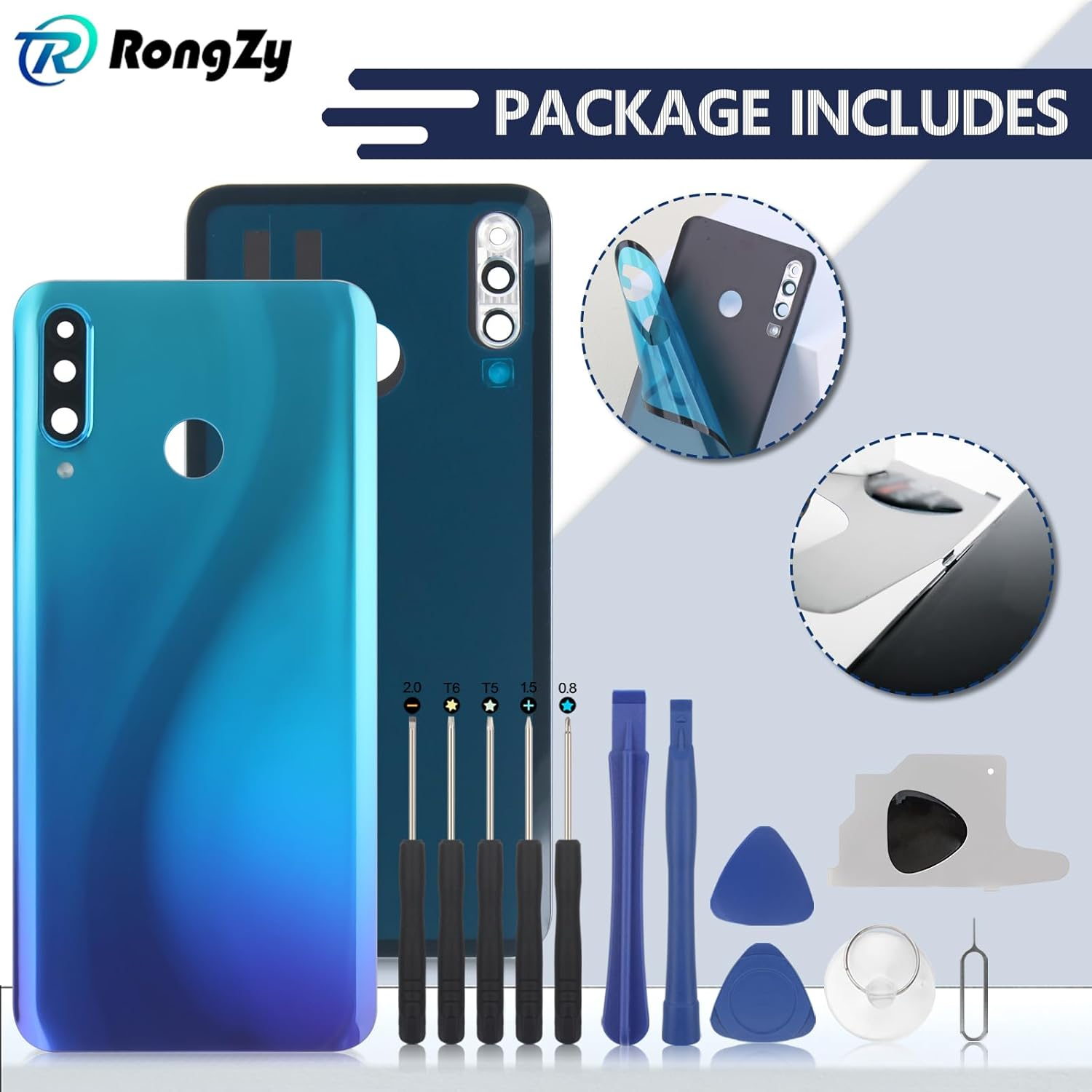 Rongzy Battery Cover Suitable for Huawei P30 Lite/Nova 4E Back Cover Battery Door Housing Back with Tool Kit (Blue)