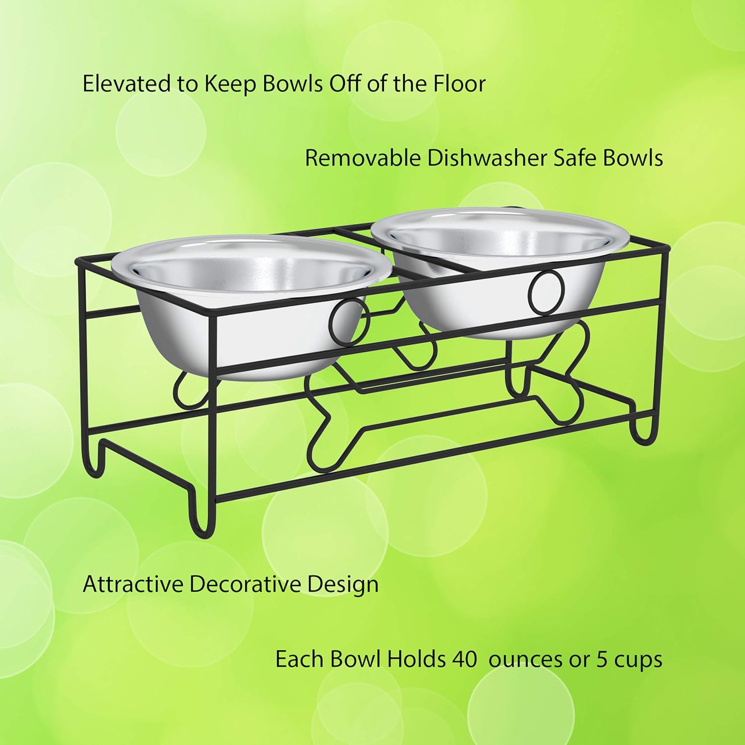 Elevated Dog and Cat Bowls - Decorative 6.5-Inch-Tall Raised Stand with 2 Stainless-Steel Food and Water Bowls - Hold 40Oz Each by PETMAKER (Black) image number 2