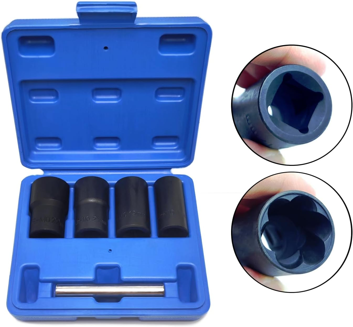 JEUCLEL 5PCS Twist Lug Nut Socket Set - 1/2 Inch Drive Damaged Nut Lock Remover Extractor - Rusted & Strip & Stripped & Stuck Locking Nut Removal Tool Kit with 17Mm 19Mm 21Mm 22Mm Sockets - 14Pcs Lug Nut Extractor 3/8 Inch Drive image number 6