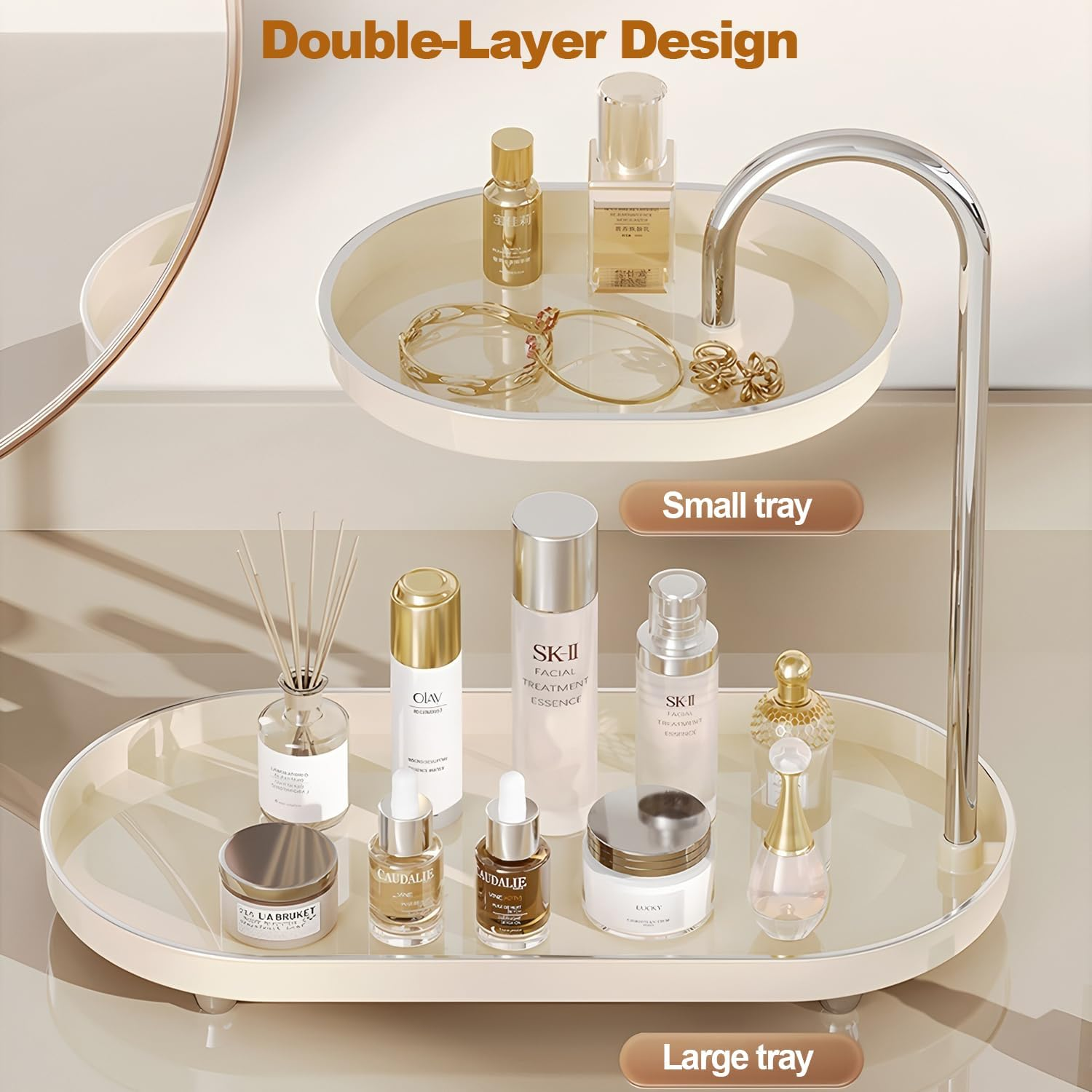 Makeup Perfume Storage Box,Spinning Skincare Cosmetic Organiser 2 Tier Large Beauty Spinny Make up Storage Organiser Shelf for Perfume, Jewellery, Dresser, Vanity, Bedroom, Bathroom (Cream White)