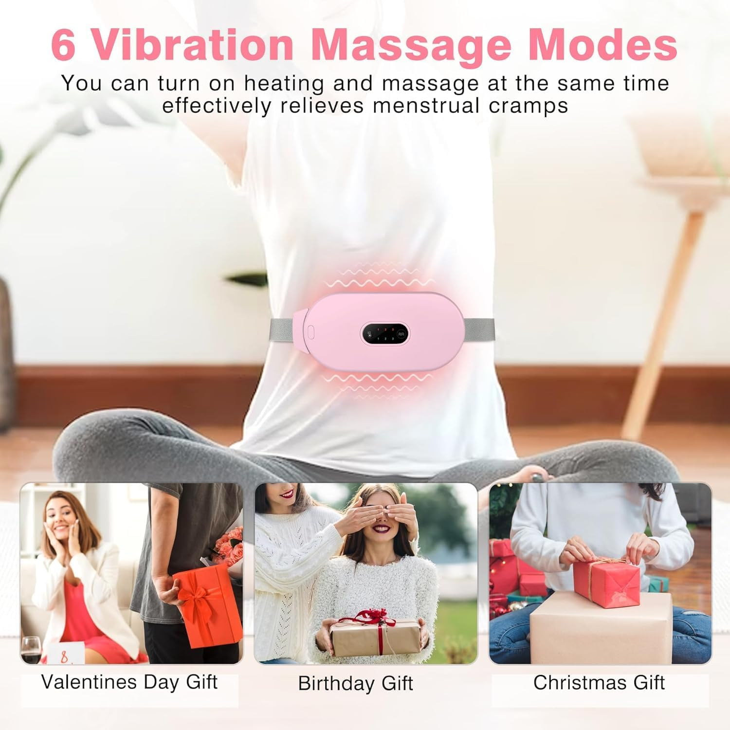Heating Pads, Period Cramp Massager Portable Cordless Heating Pad with 6 Heat Levels and 6 Massage Modes for Back Pain Relief Menstrual Heating Pad (Pink)