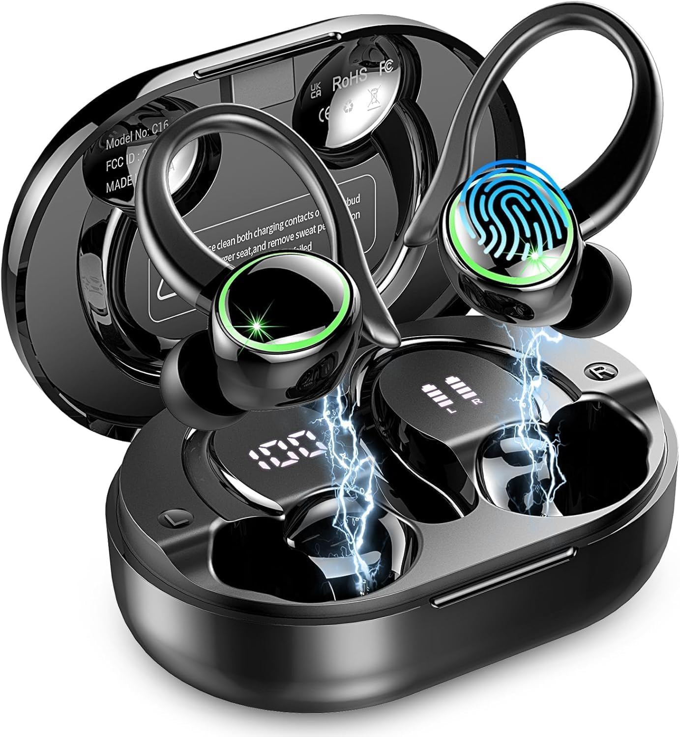 Bluetooth Sports Headphones, Wireless Bluetooth 5.4 Headphones with ENC Noise Cancelling and 4 HD Mics, 50 Hours Wireless Earbuds, In-Ear Headphones with Hi-Fi Stereo, IP7 Waterproof, USB-C/LED