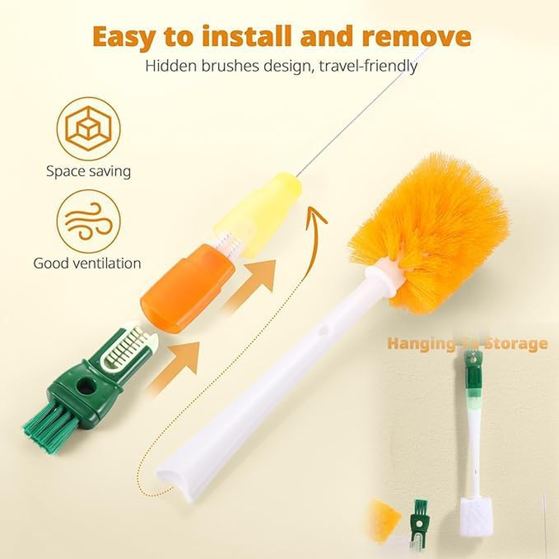 WEZCHUGHAOL 5-In-1 Water Bottle Cleaning Brush Set, Detachable Straw Cleaner, Cup Lid Gap Brush Kit (White-Orange)